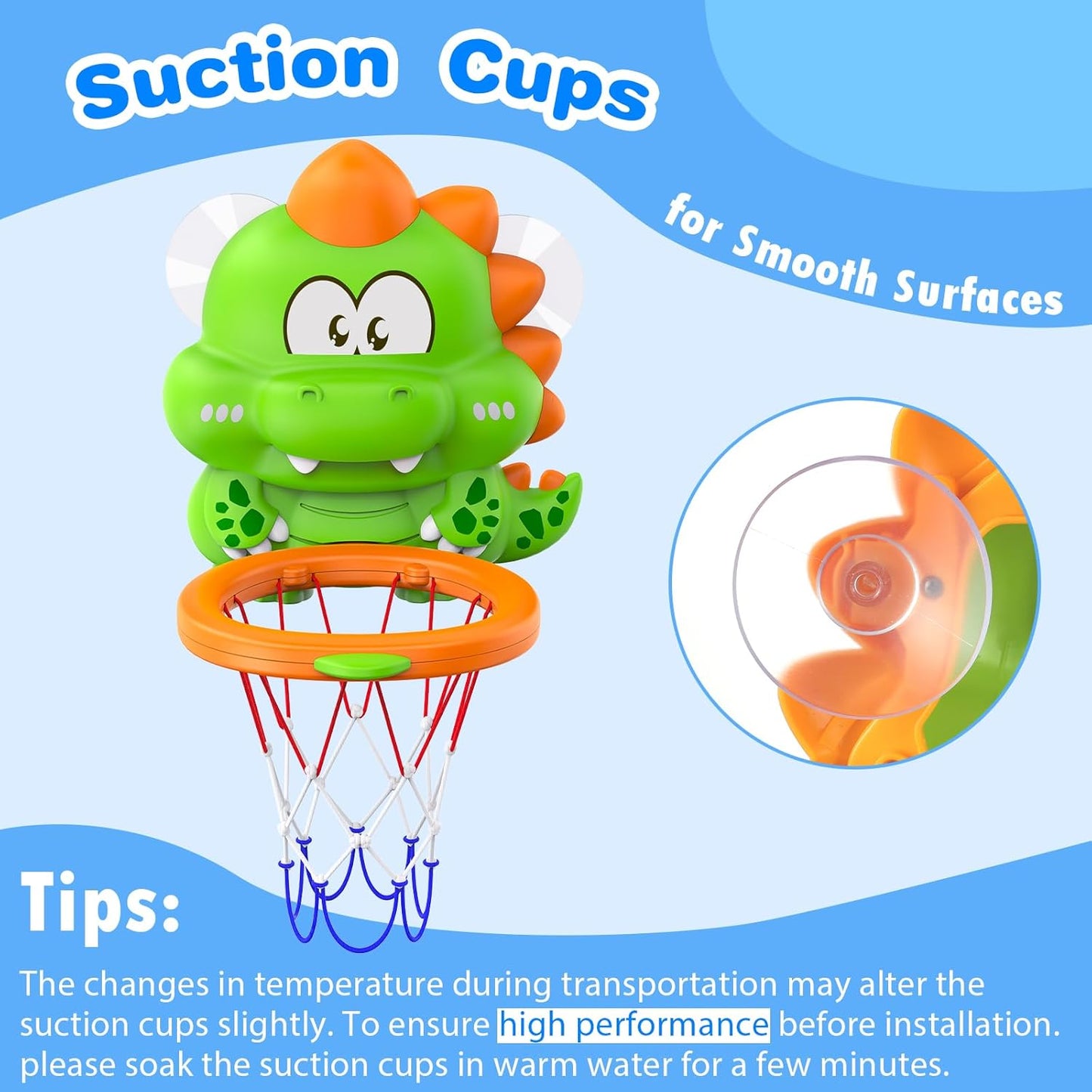 Topsolid Bathtub Basketball Hoop for Kids - Dino Style 2-in-1 Bath Toys with Strong Suction Cups & 4 No Hole Balls | Fun Shooting Game for Baby Toddler Boys & Girls Ages 1-8