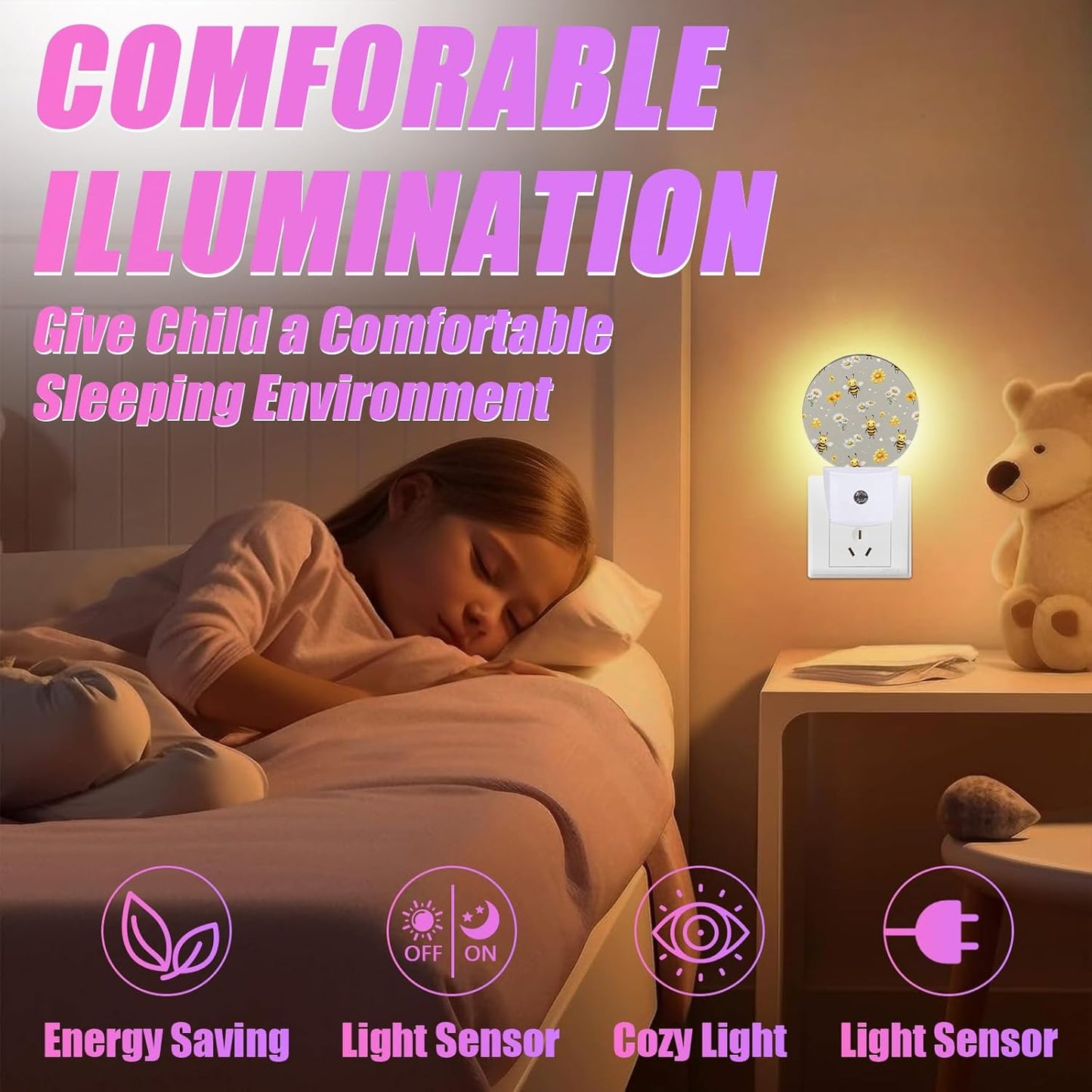 Cute Bee Night Light Daisy Flower Night Lights LED Lamp Round Plug into Wall Nightlight with Dusk to Dawn Sensor Home Hallway Stairway Kitchen Decor