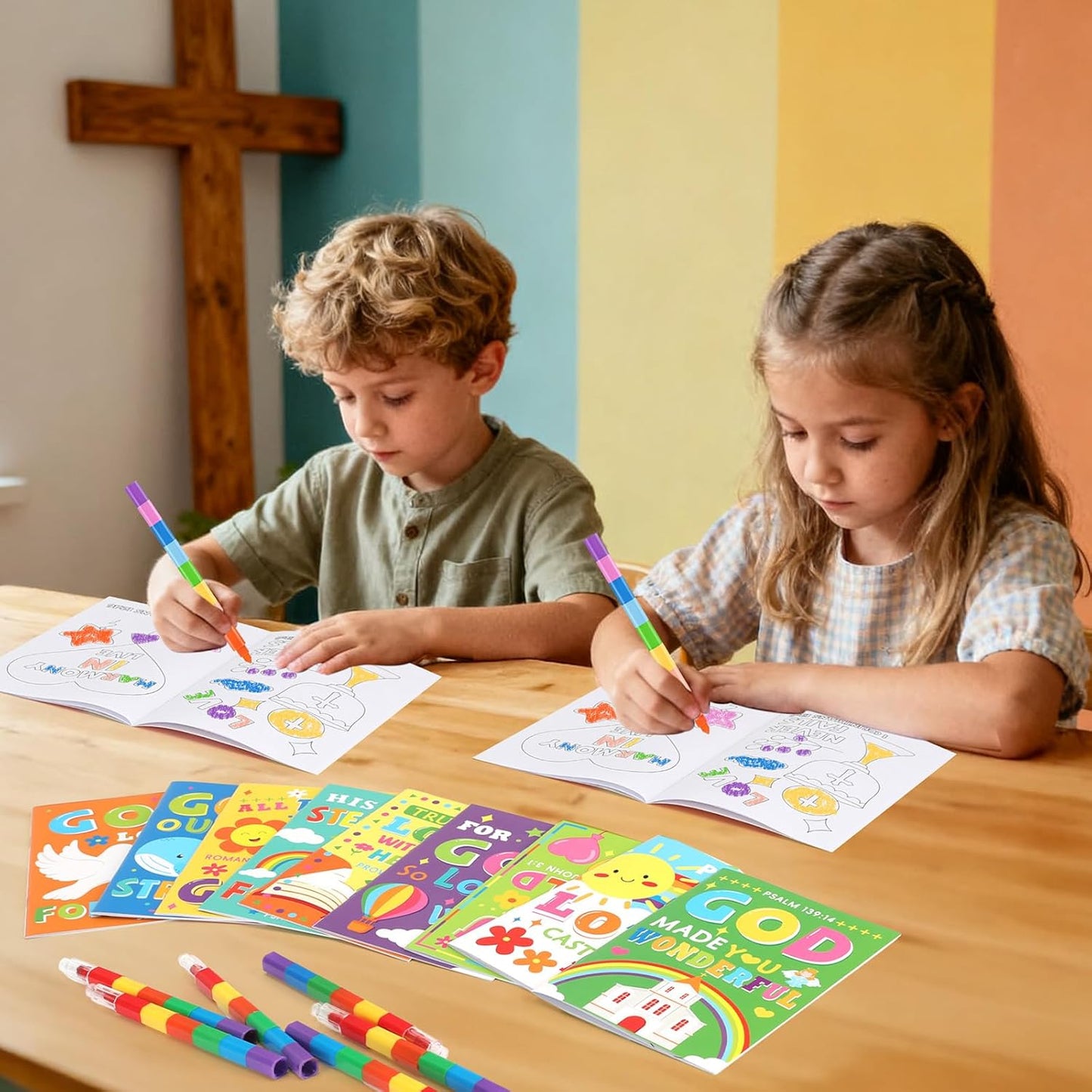BenLouis 12 Bible Verses Mini Coloring Books Kids with 12 Stacking Crayons Christian Party Favors Small Activity Books Bulk for Kids Sunday School Religious Church Party Gift Goodie Bag Stuffers