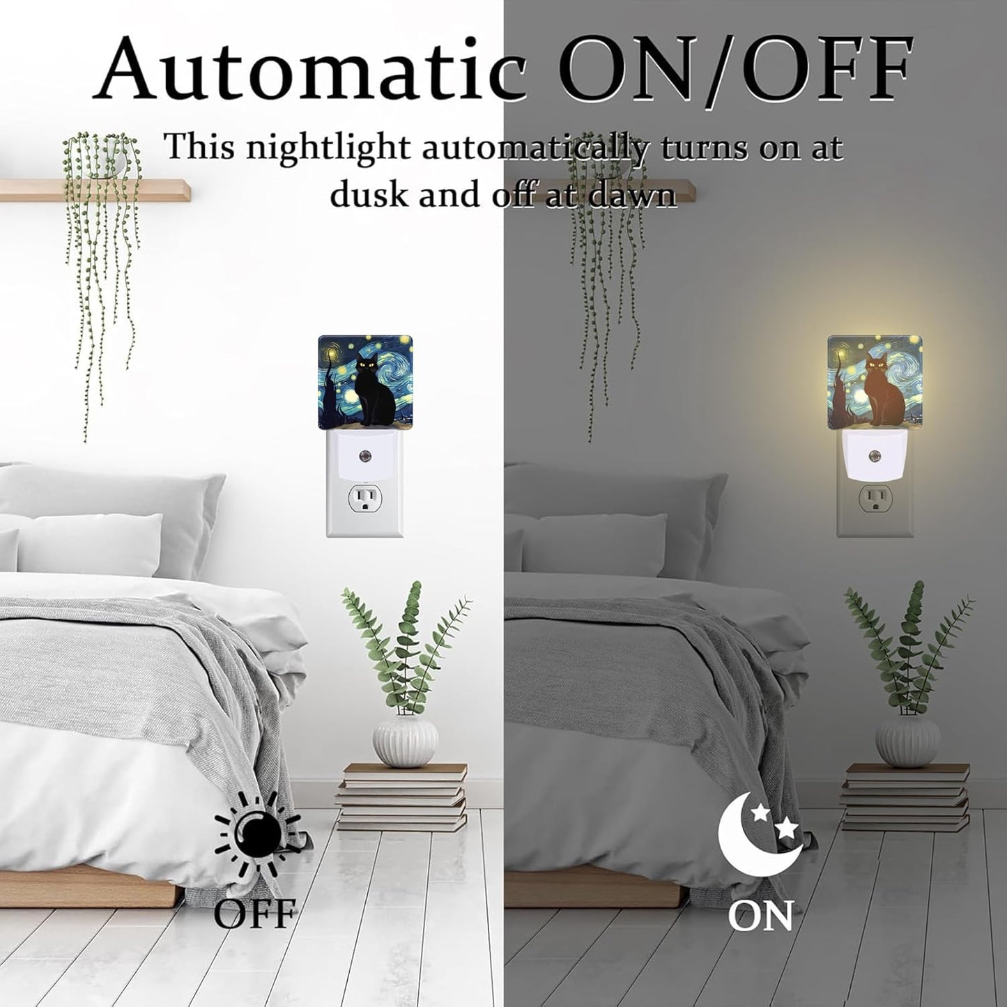 Starry Night Black Cat Night Light Plug into Wall, Abstract Oil Painting Dusk to Dawn Night Light Plug in,0.5w Energy Saving Sleep Friendly NightLight for Kids Boys Girls Home Decor