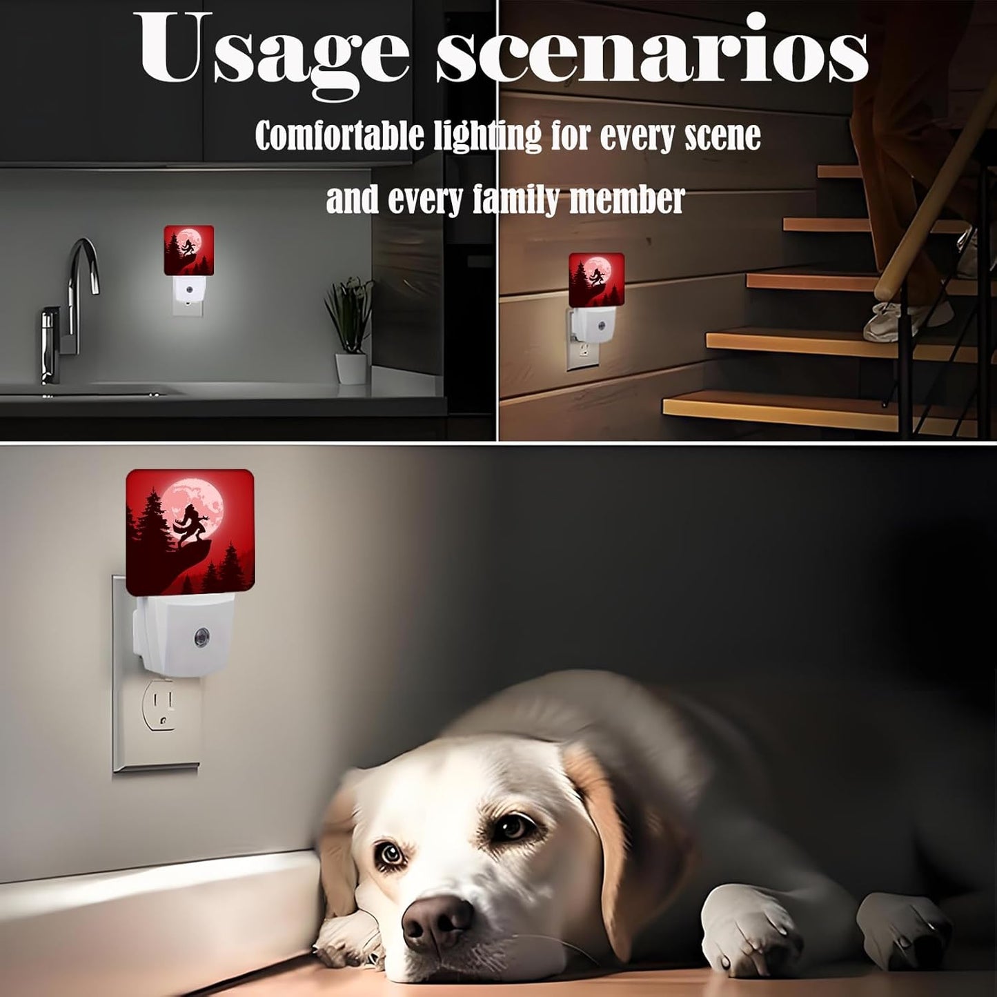 Blood Moon and Werewolves Night Light,Plug-in Night Lights with Dusk-to-Dawn Sensor for Stairway,Hallway,Bedroom Sleep Friendly Ideal for Women/Girls/Boys Gift,0.5w