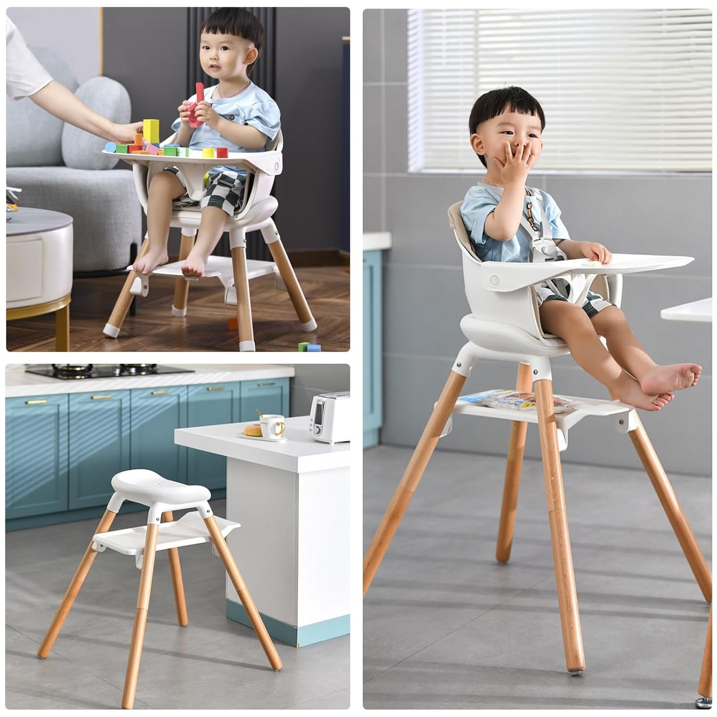 High Chair, 6 in 1 Wooden Convertible High Chairs for Babies and Toddlers, Booster Seat with Double Tray & Reversible Footrest Baby Highchair, 5-Point Harness Baby Feeding Chair, Beige