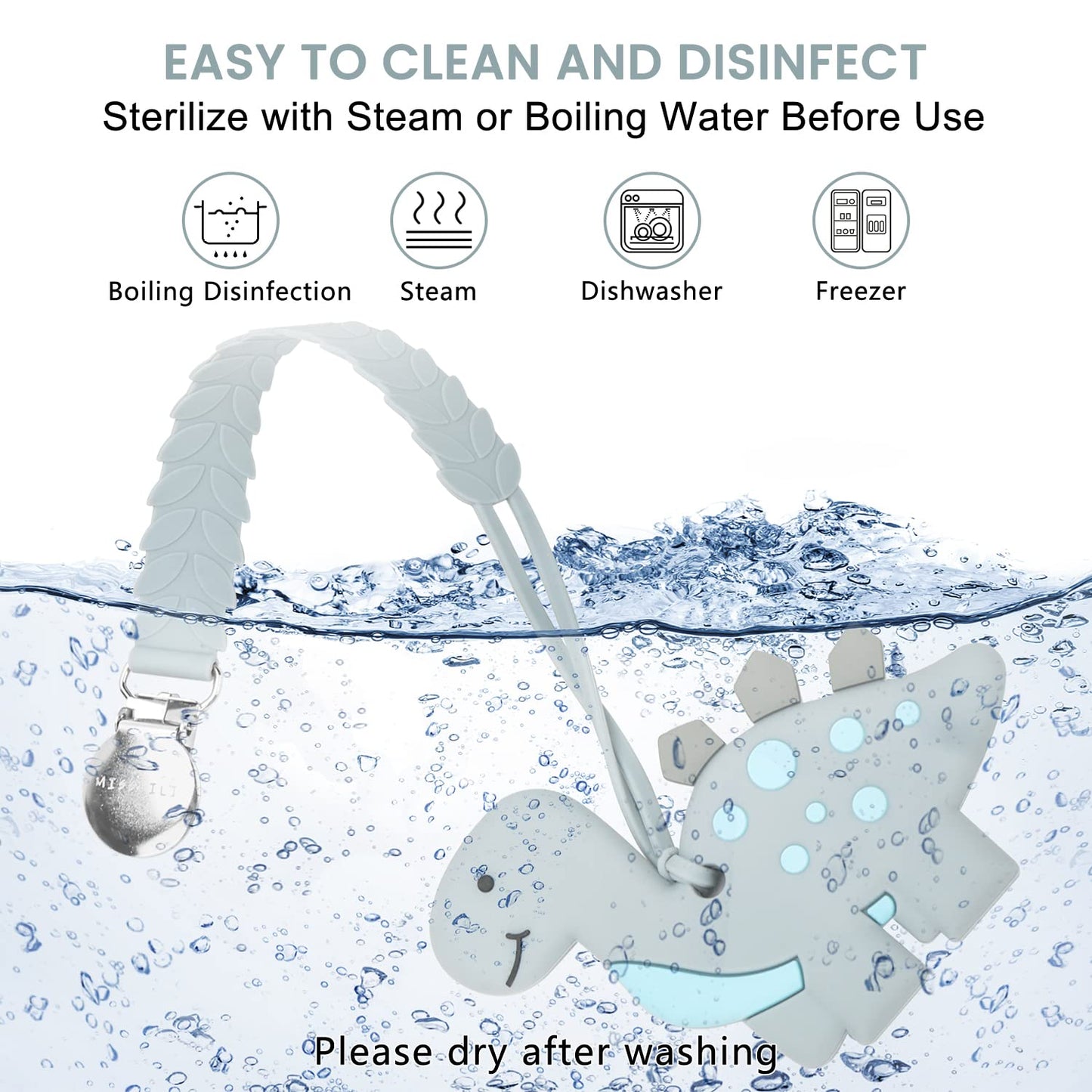 Teething Toys for Babies, Baby Teethers with Clip Silicone Baby Teether Toys for Boys and Girls Infant Teething Relief for Teething Dinosaur Shape, Gray