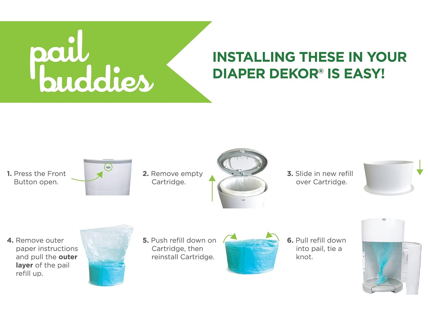 Pail Buddies Diaper Pail Refills | 6 Count | Compatible with Dekor Classic Diaper Pail | Strong, Durable Diaper Pail Refills with Fresh, Baby Powder Scent