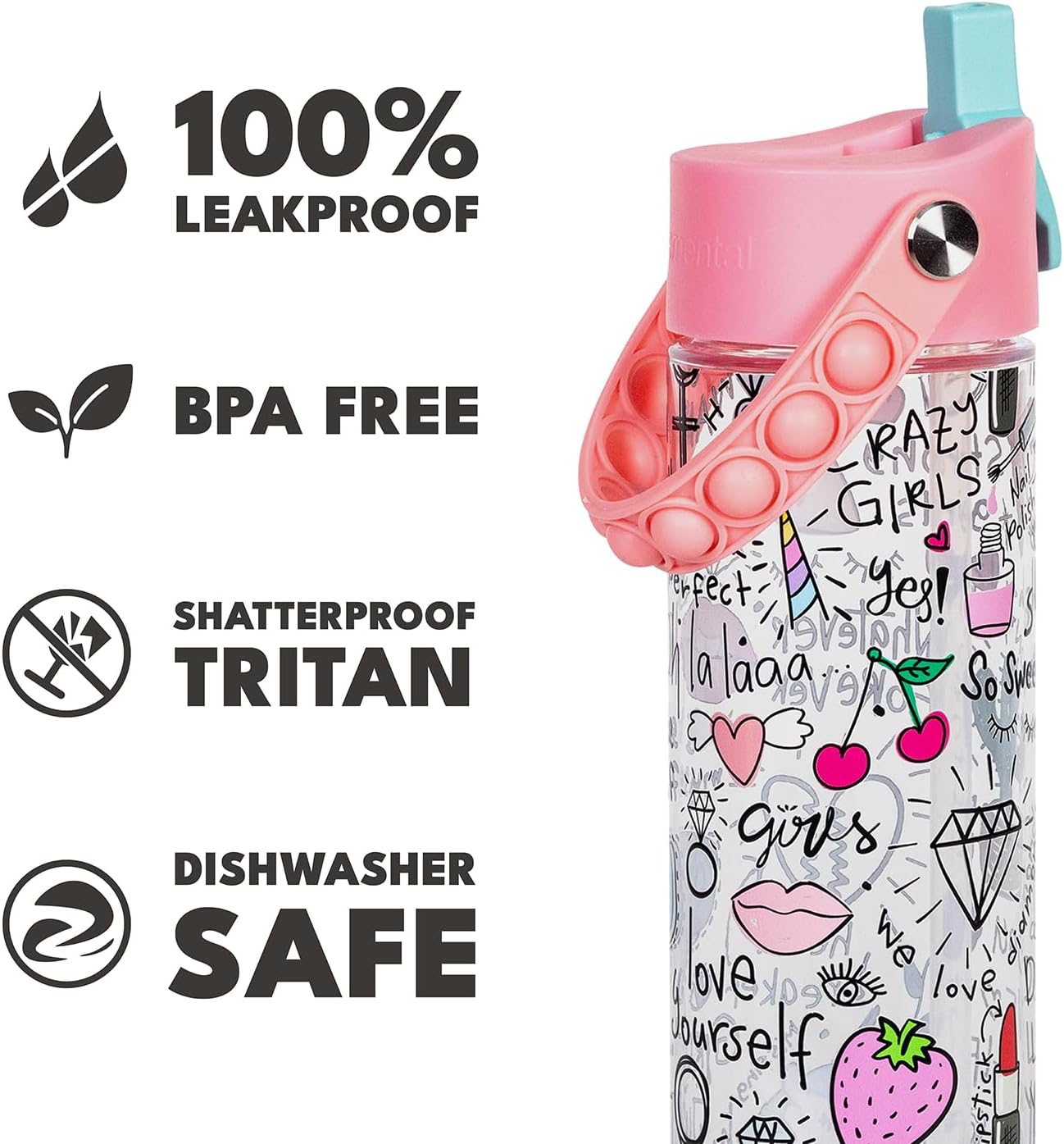 Elemental Splash Water Bottle with Straw - BPA-Free Tritan Plastic Reusable Water Bottle with Pop It Strap - Ideal for Travel, Gym and Sports - Leak Proof when Spout is Closed - 26oz - Girl Power