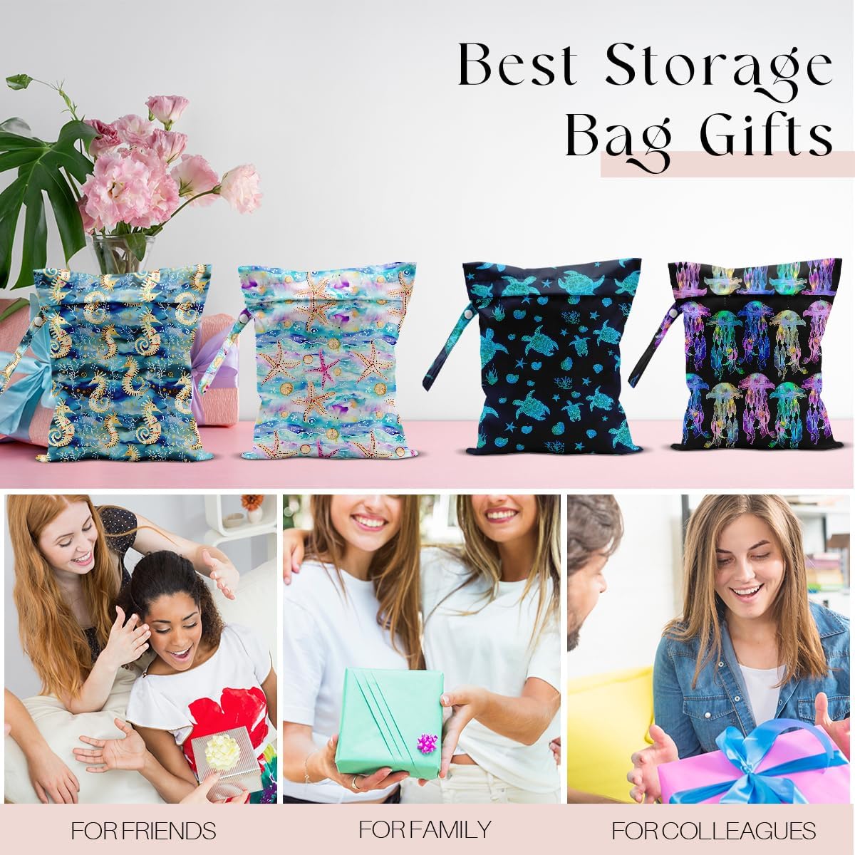 4 Pack Wet Bag for Swimsuit, Beach Travel Essentials Wet Dry Bag, for Sunscreen Toiletry Dirty Clothes Yoga Gym Diaper, Friend Summer Beach Vacation Gifts. Marine Life Theme