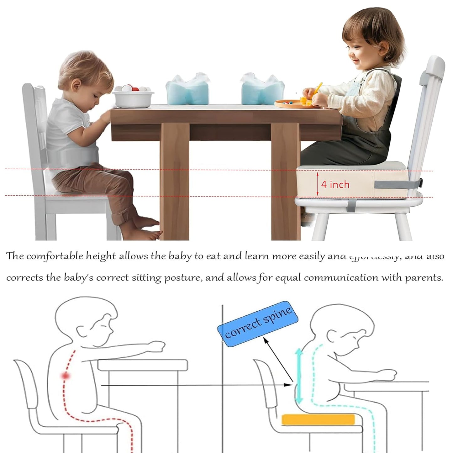 Toddler Dining Table Booster seat, PU Washable Waterproof Double seat Belt Non-Slip Bottom Booster seat for Dining Toddler, Portable Travel Increase Cushion Gery+White