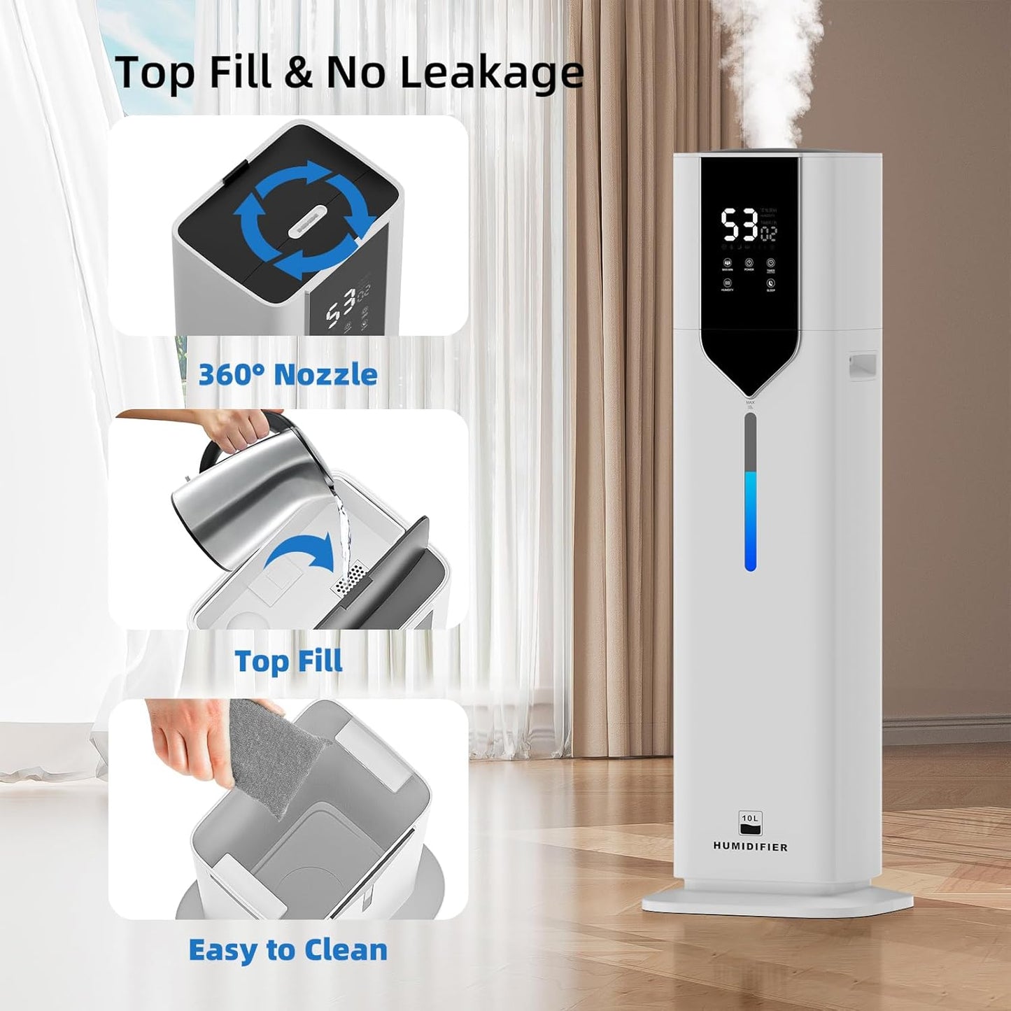 10L/2.6Gal Smart Humidifiers for Bedroom Large Room up to 600ft², 100H Runtime Cool Mist Top Fill, Ultra Quiet 30dB, Auto Control, Essential Oil Tray, Perfect for Bedroom, Office, Baby, White