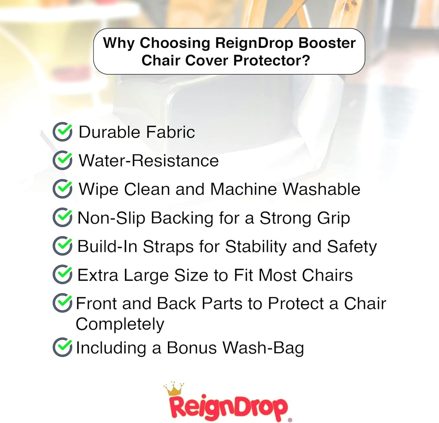 ReignDrop Booster Seat Cover Protector – Water-Proof High Chair Seat Protector Pad – Large Dining Room Chair Seat Protector – Includes Wash Bag – Easy to Maintain – Anti-Slip Backing