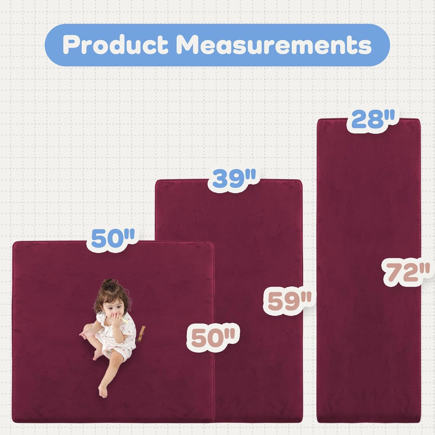 1.3" Thick Baby Floor Play Mat 50x50, Basic Padded Foam Mat for Tummy Time Crawling, Non Slip Cushioned for Babies Toddlers Infants Kids (Burgundy)