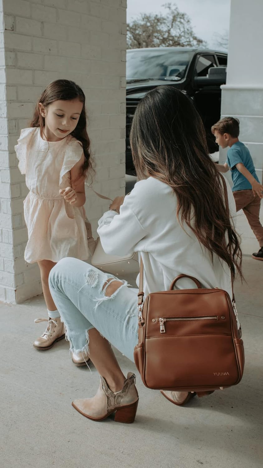 YUUMA Mini Diaper Bag Backpack-Minimalist bag With Premium Vegan Leather Material With 7 Interior and 5 External Pockets (Cinnamon)