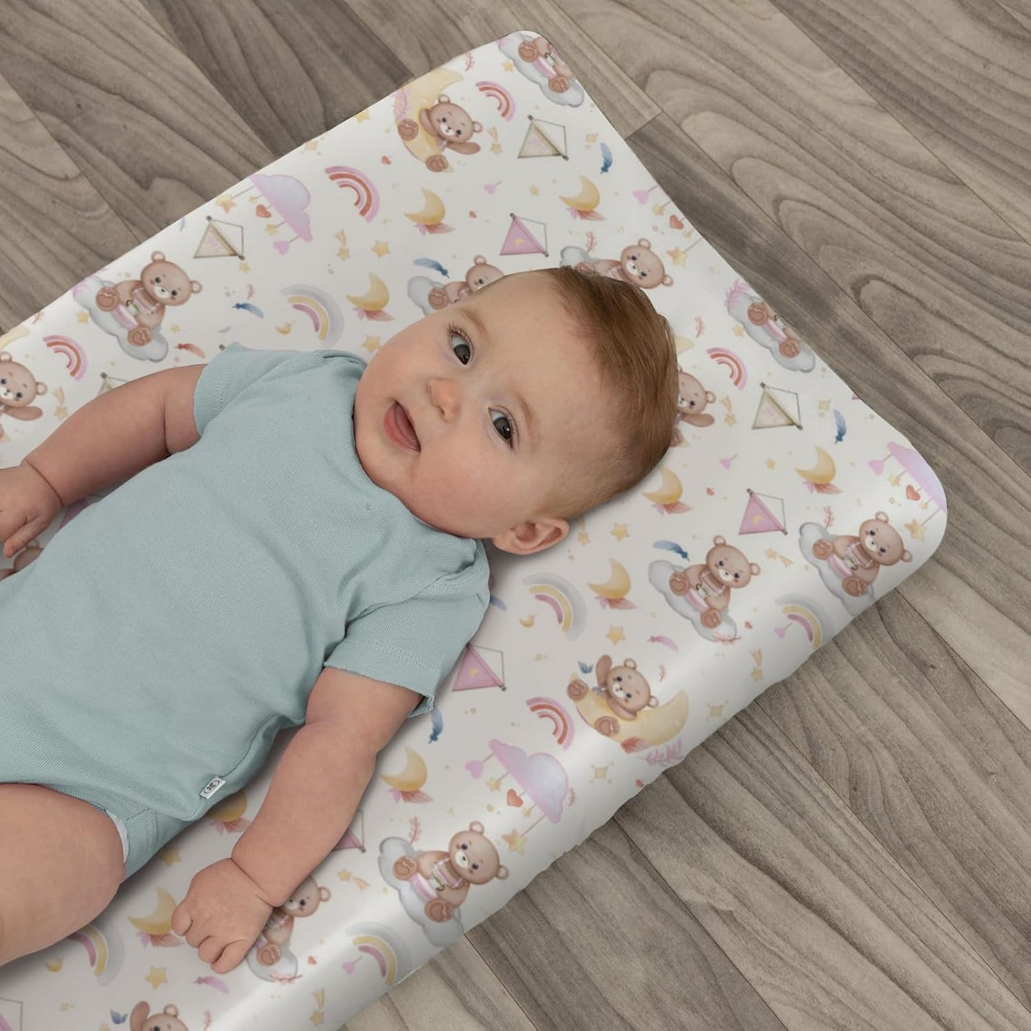 Watercolor Bear Rainbow Pink Changing Pad Covers for Baby Girls Cute Bears Moon Stars Clouds Fitted Change Table Covers Mats Animal Soft Diaper Changing Table Sheets for 32''×16'' Contoured Pad