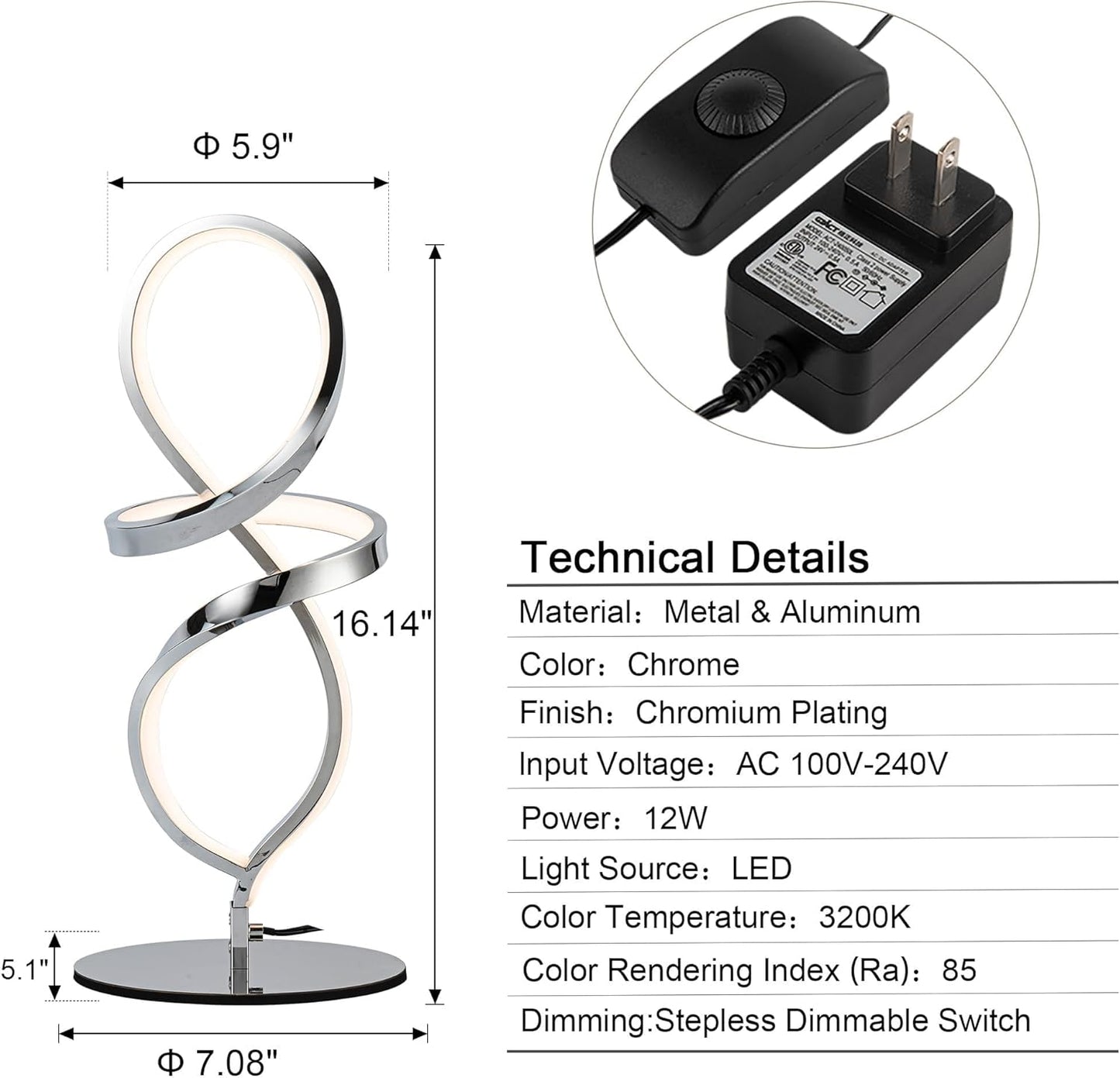 Mayful Modern Table Lamp with LED Spiral Design, Bedside Lamp with Stepless Dimming Switch, Contemporary Nightstand & Chrome Table Lamp for Bedroom, Living Room, Home Office, 12W 3200K Warm White