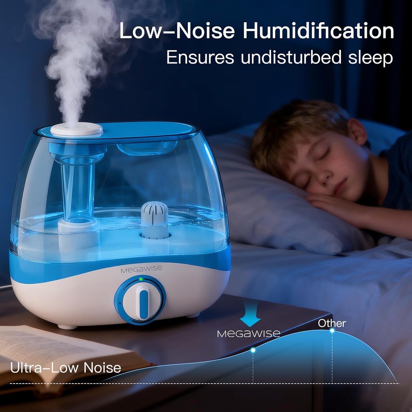 MegaWise Humidifiers for Bedroom Home, 5.0L Cool Mist Humidifier for Home Plant and Baby Nursery, Quiet Ultrasonic Humidifier with 360° Nozzle, Auto Shut-Off, Blue