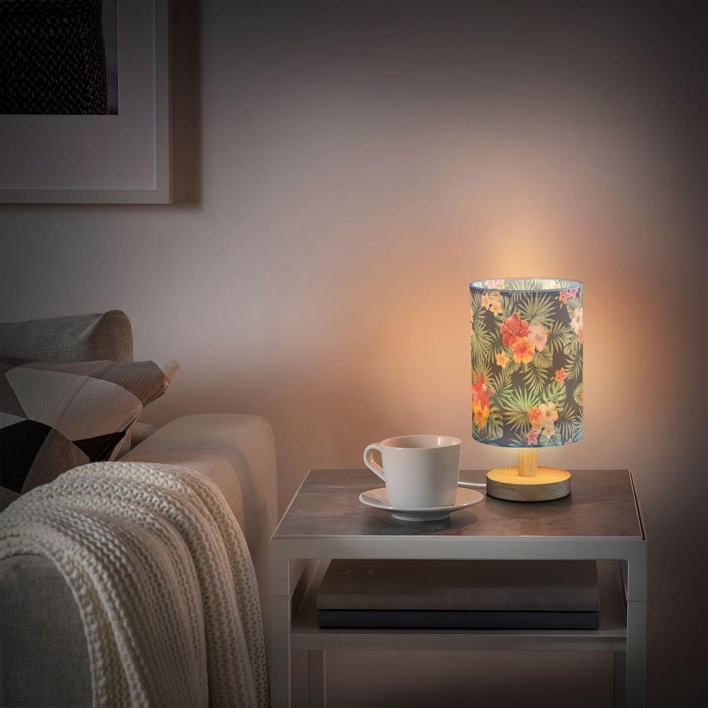 Table Lamp Tropical Palm Leaves Hibiscus Plumeria Flower Nightstand Lamp with Wood Base Fabric Lamp Shade Bedside Desk Lamp for Living Room Bedroom Kids Room Office