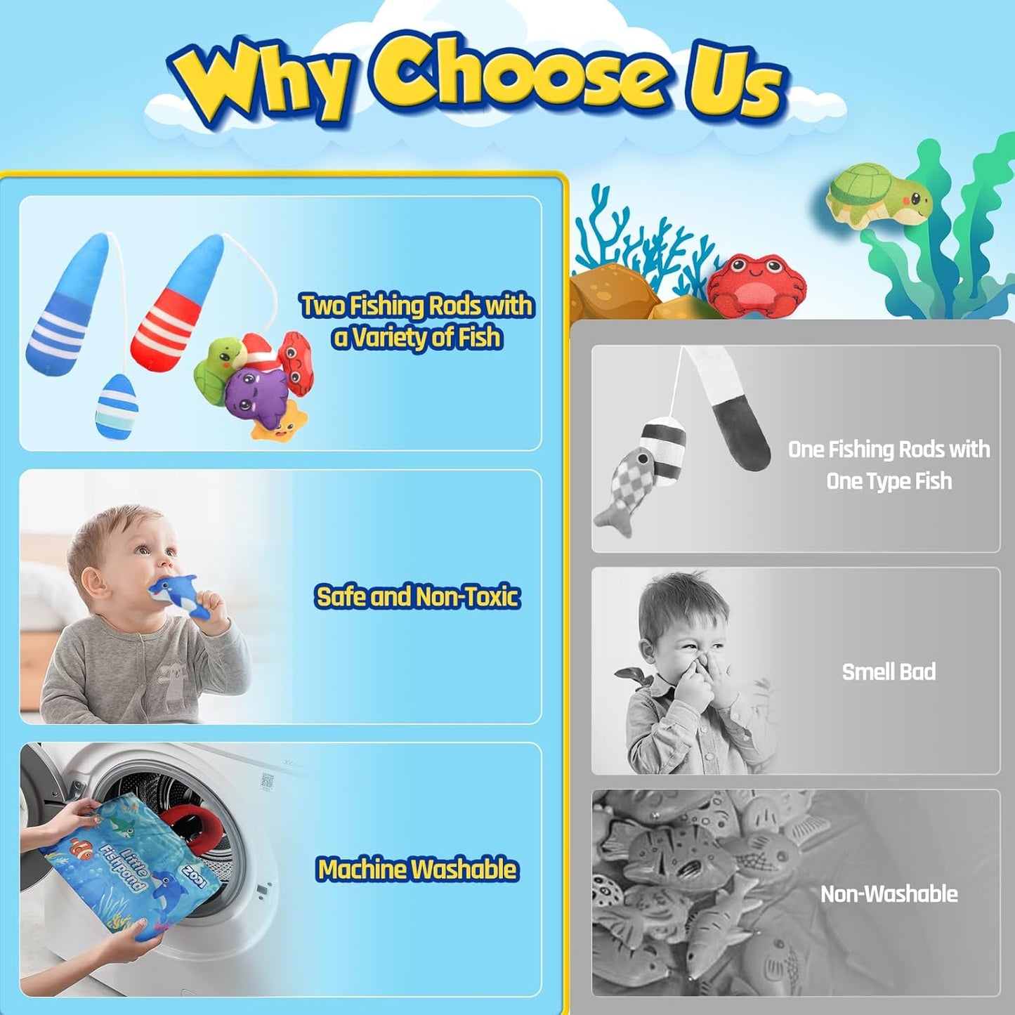 ZOOI Toddler Montessori Toys for 1-3 Year Old, 24PCS Cloth Fishing Game with Stacking Cups for Hand-Brain Coordination, Sensory Baby Toys 6-12 Months, 1-3 Year Old Girl Boy Birthday Gifts