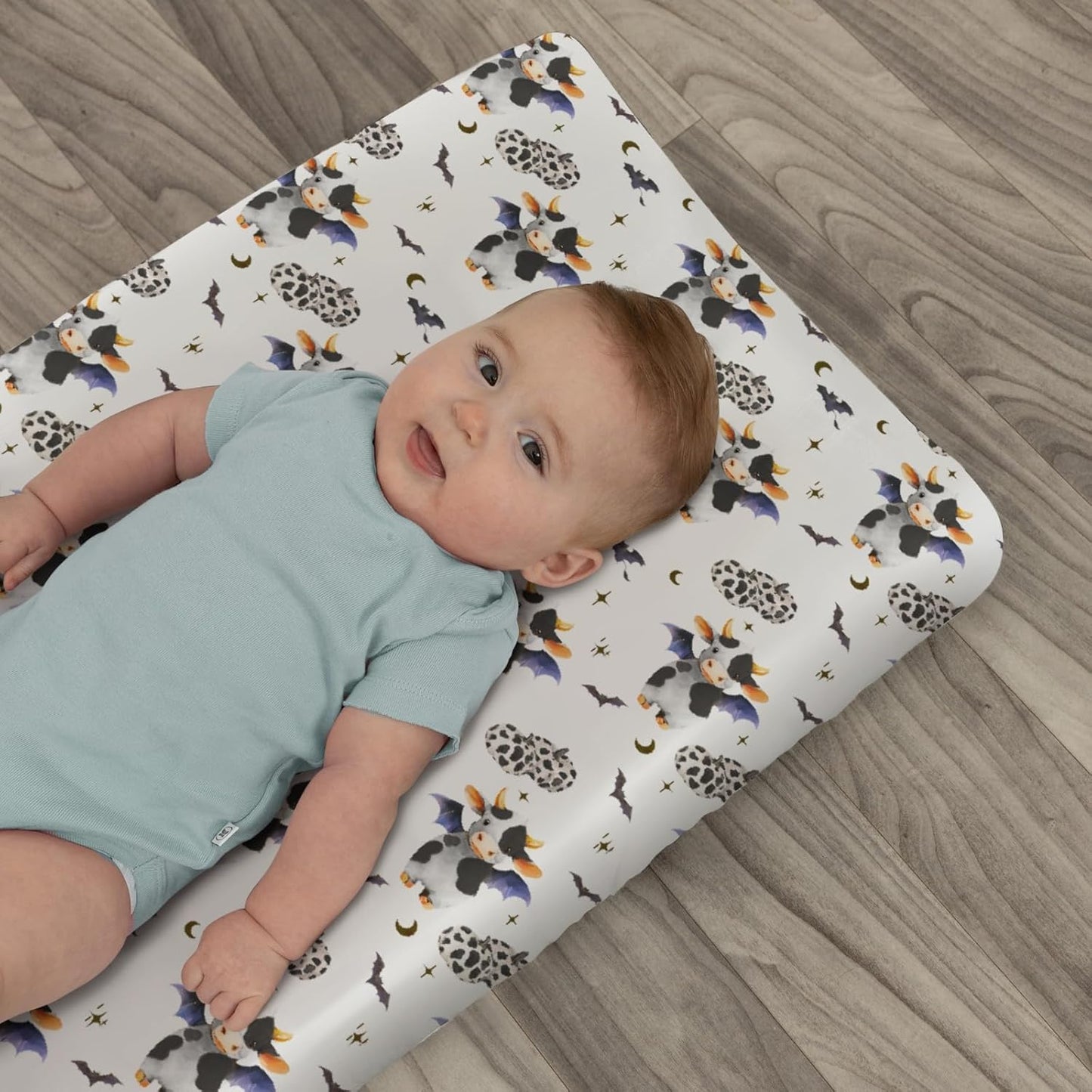 Halloween Cow Bats Pumpkins Baby Changing Pad Covers for Boy Girl Cute Cows Moon Stars Fitted Change Table Pad Covers Mats Spooky Farm Animal Soft Diaper Change Table Cover Sheets 32''×16''