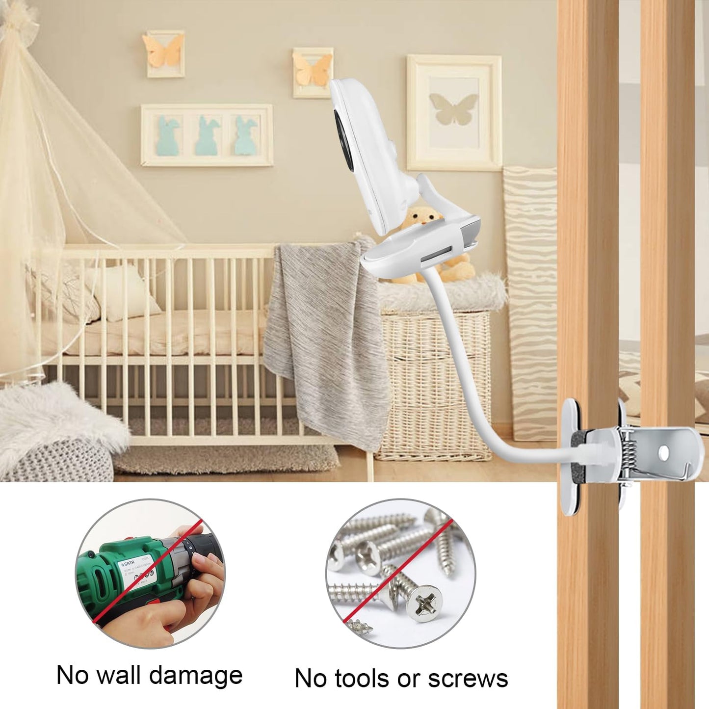 15.7 inches Baby Monitor Mount Compatible with VTech VM819 Baby Monitor Camera,Flexible Clip Clamp Mount Stand Long Gooseneck Arm Without Tools or Wall Damage