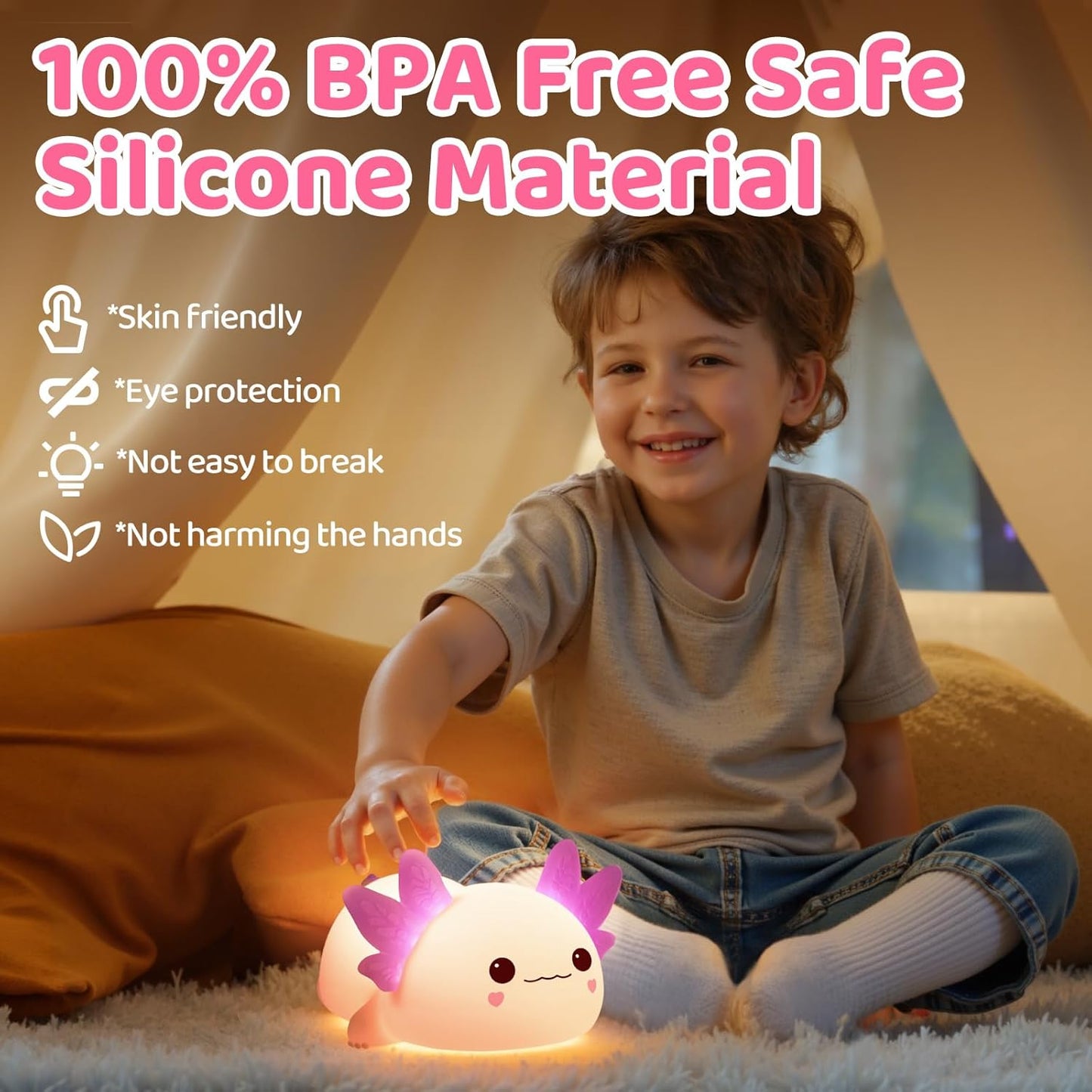 Huggwaii Squishy Axolotl Night Light for Kids, 4 Soothing White Noise Sounds, Dimmable Silicone Axolotl Lamp Toddler Light, Upgraded Rechargeable Animal Nightlight ,Baby Gifts & Girls Room Decor