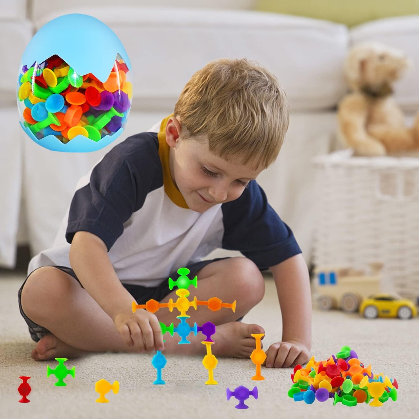 48 Pcs Bath Toys for Kids Ages 3+, Sensory Toys for Autistic Children, Travel Window Stem Learning Toys, Bathtub Toys with Dinosaur Eggshell Storage Christmas gifi for Kids