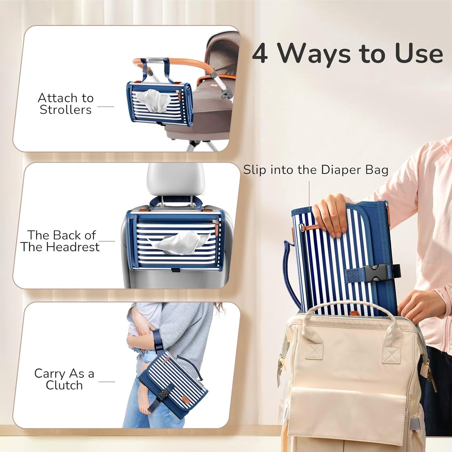 Portable Diaper Changing Pad for Baby, Detachable Travel Changing Pad with Baby Wipes Pocket, Gifts for Baby Shower, Newborn Girls and Boys (Navy)