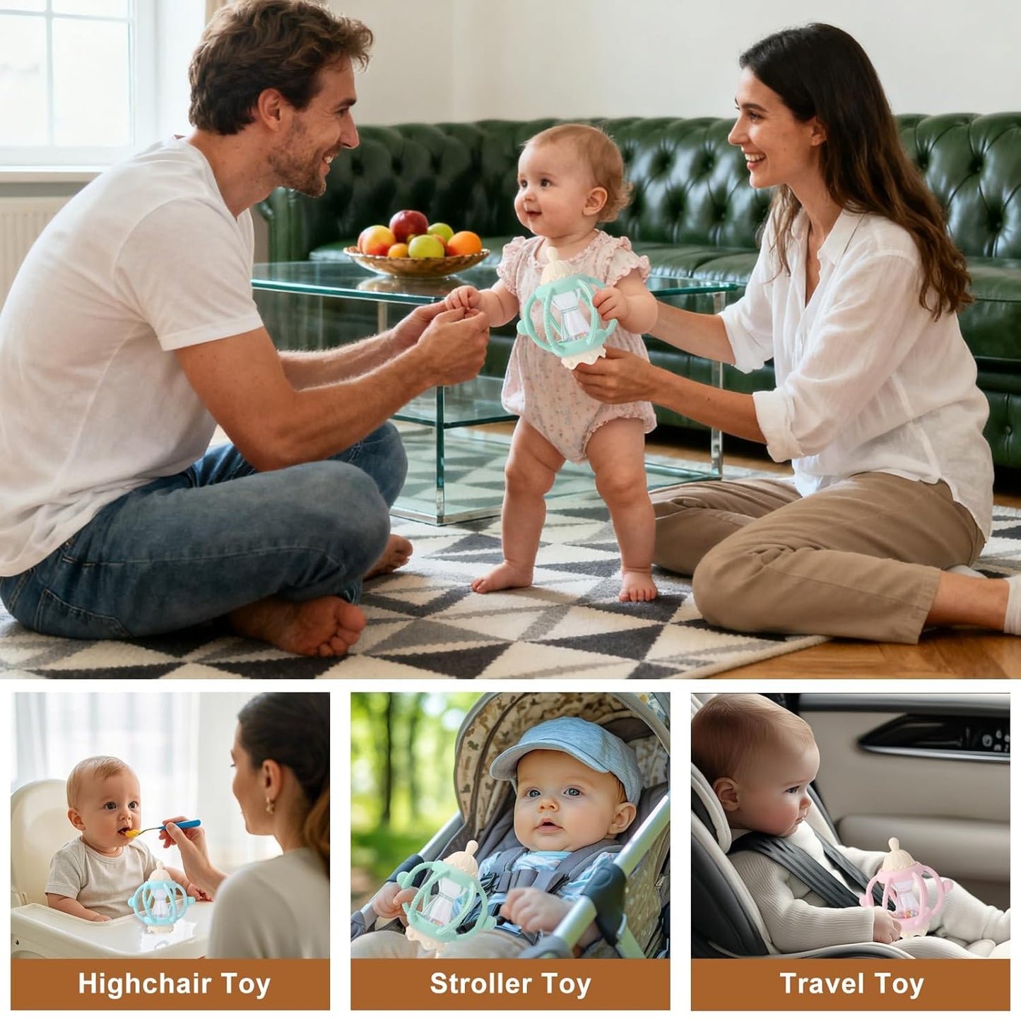 Socub Baby Rattle Teether Toys for 0-12 Months, 2-in-1 Sensory Hand Grasp Shaker with Soft Silicone Teething Ball & Pacifier, BPA Free Chew Toy for 6-12 Months, Newborn Gift for Boys and Girls (Green)