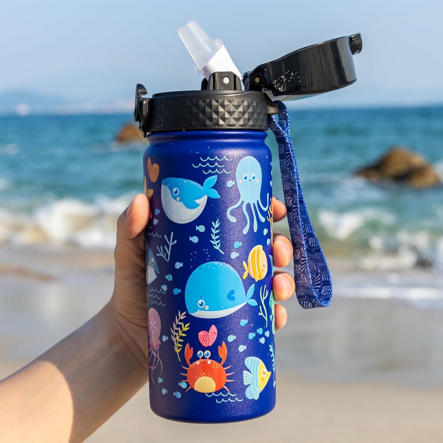 GOPPUS Kids Water Bottle (Straw Lid) - 18 Oz Stainless Steel Travel Bottle, Double Wall Vacuum Leak Proof Kids Cup for School Boys Girls,Under the Sea