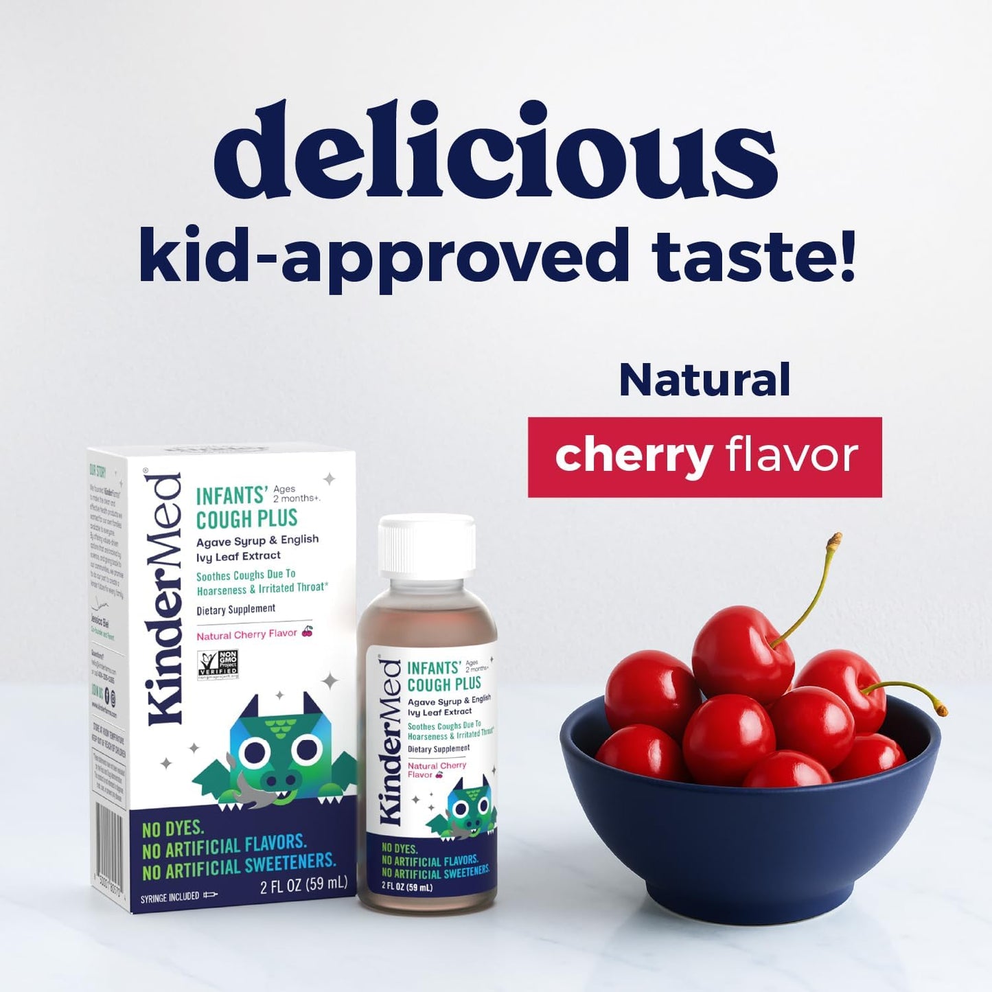 KinderMed Infants' Daytime Cough Plus, Organic Agave Syrup and English Ivy Leaf Extract, No Dyes, No Artificial Flavors or Sweeteners, Non-GMO, for Babies 2 Months+, Natural Cherry Flavor (2 Fl Oz)
