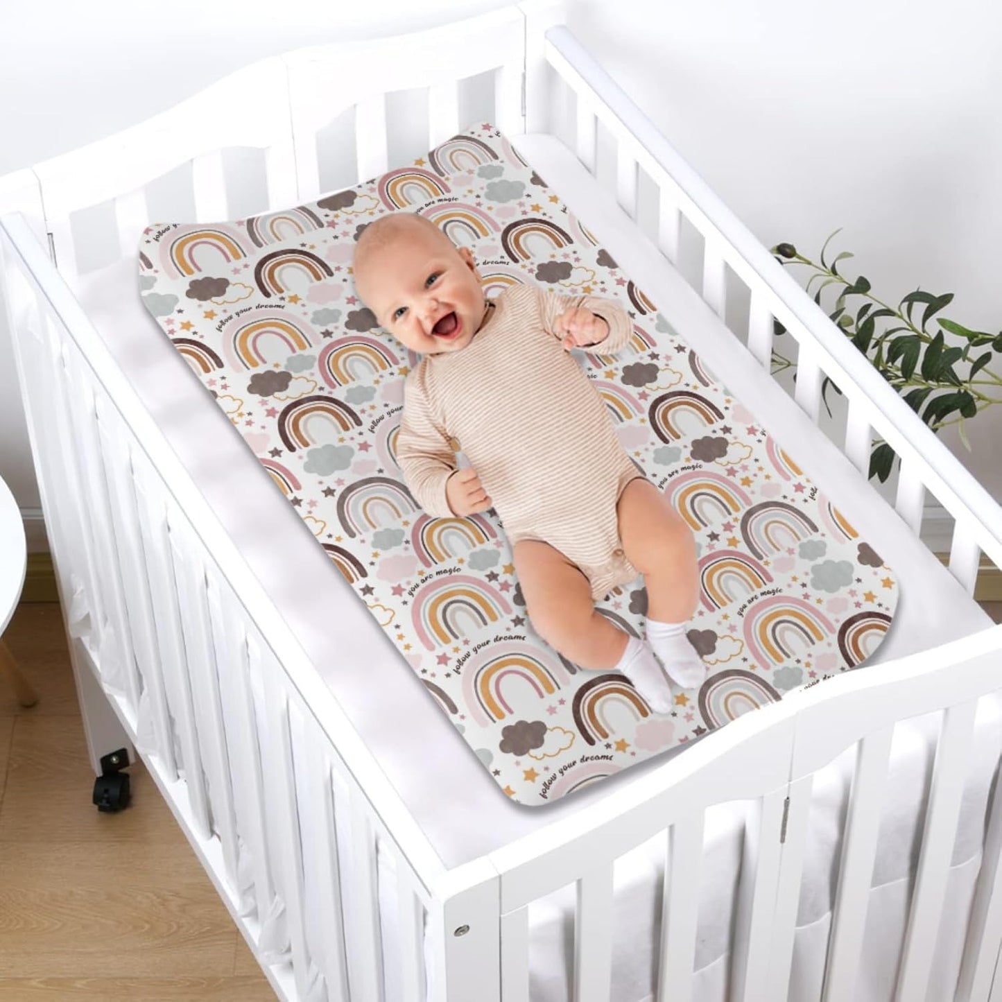 Colorful Boho Rainbow Changing Pad Covers Cute Rainbow Clouds Stars Diaper Change Pad Sheets for Girls Boys Soft Breathable Stretchy Snug Fitted Changing Mat Cover 32''x16''