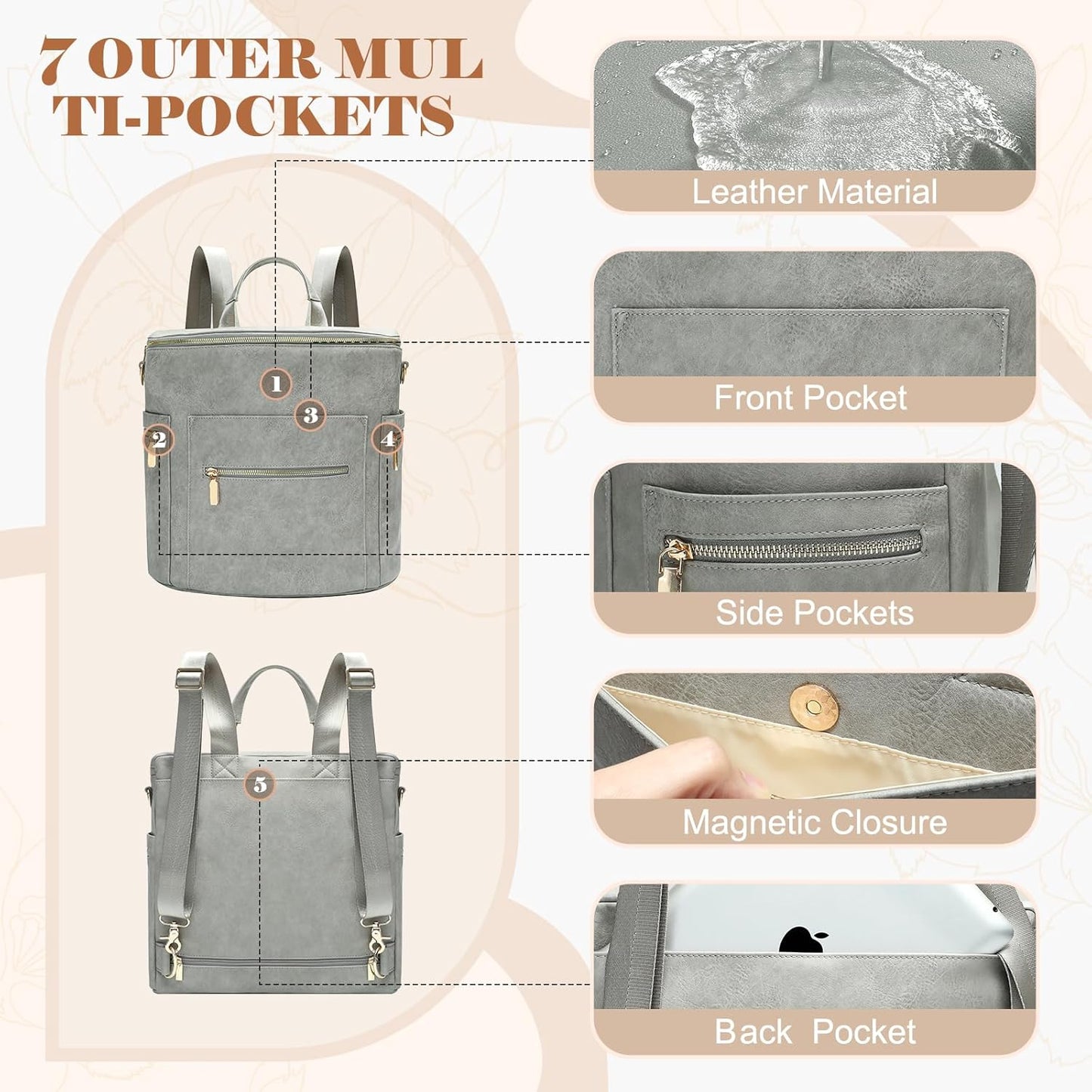 miss fong Diaper Bag Backpack Baby Diaper Bag, Large Leather Diaper Backpack with 16 Pockets Travel Bag with Diaper Changing Pad, Stroller Straps & 2 Insulated Pockets (Convertible,Premium Grey)