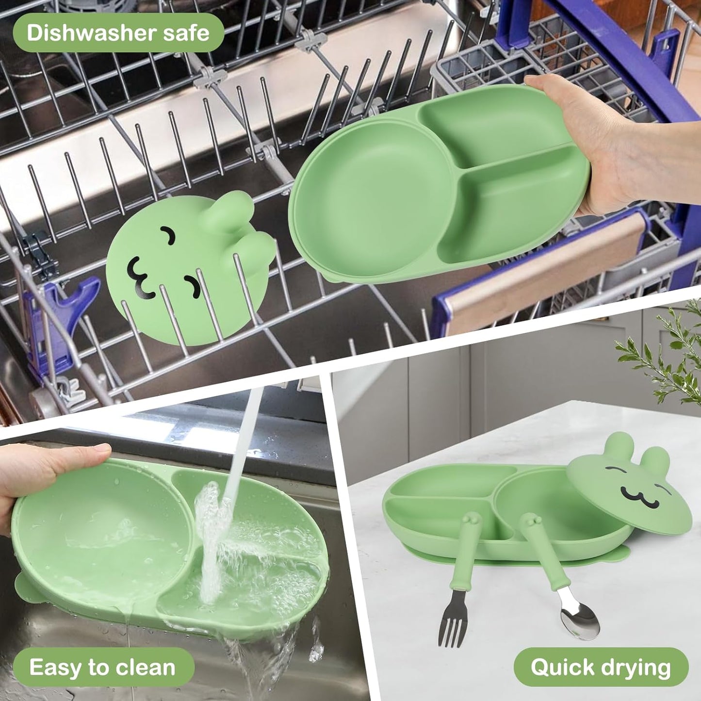 Silicone Baby Plate,Self-feeding of infants after weaning, 100% Food Grade Silicone, BPA Free, 3 Compartments Separated Including Fork and Spoon, Non-Slip With Suction Cups, Toddler plates (green)