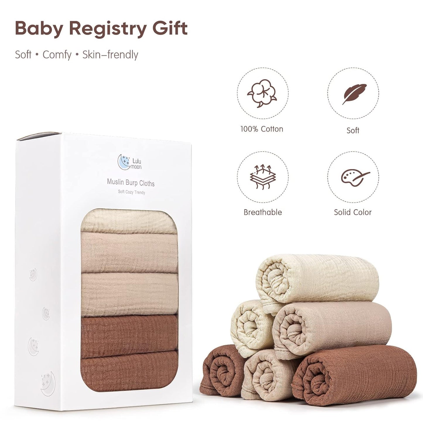 lulumoon Muslin Burp Cloths for Babies: 100% Soft Cotton Large Burping Cloths - Neutral Baby Burp Rags for Boy and Girl - Absorbent Burp Cloth for Spit-Ups 6 Pack