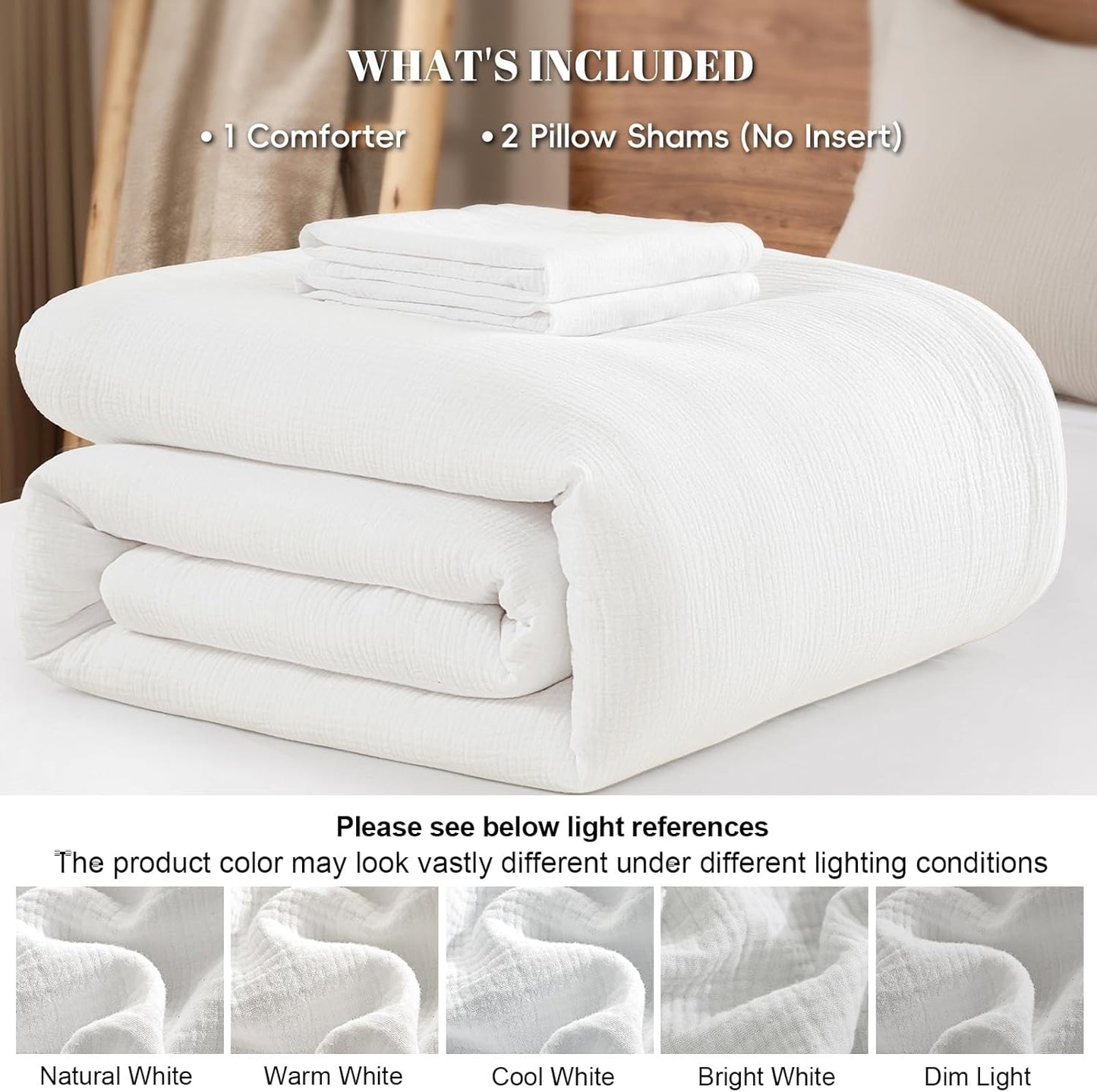 PHF Cotton Muslin Comforter Set Queen Size – Ultra Soft, Breathable & Lightweight Bedding Set for All Seasons, 3 Pieces - 1 Comfy Comforter 90"x90", 2 Pillow Shams 20"x26", White