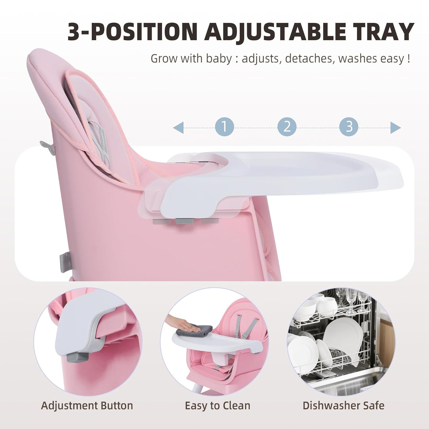 8 in 1 Baby Highchair, Convertible High Chair for Babies and Toddlers, Booster Seat w/5-Point Safety Belt, Toddler Building Block Table, Dishwasher Safe Tray, No Tool Install, Pink