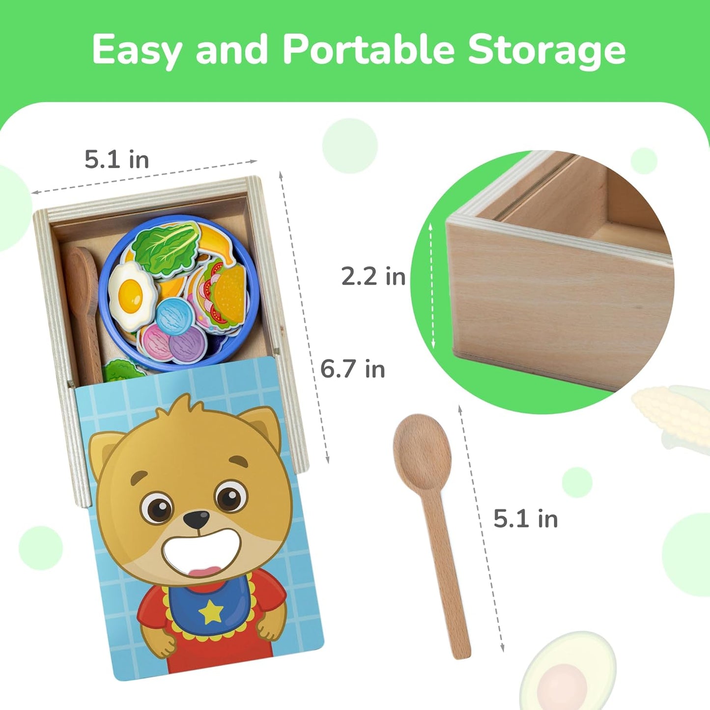 Bimi Boo Wooden Feeding Toy - Montessori Scooping Toy for Toddlers 1-4+ - Fine Motor Skills Pretend Play Food Set for Kids (27 Various Foods, a Spoon, Bowl)