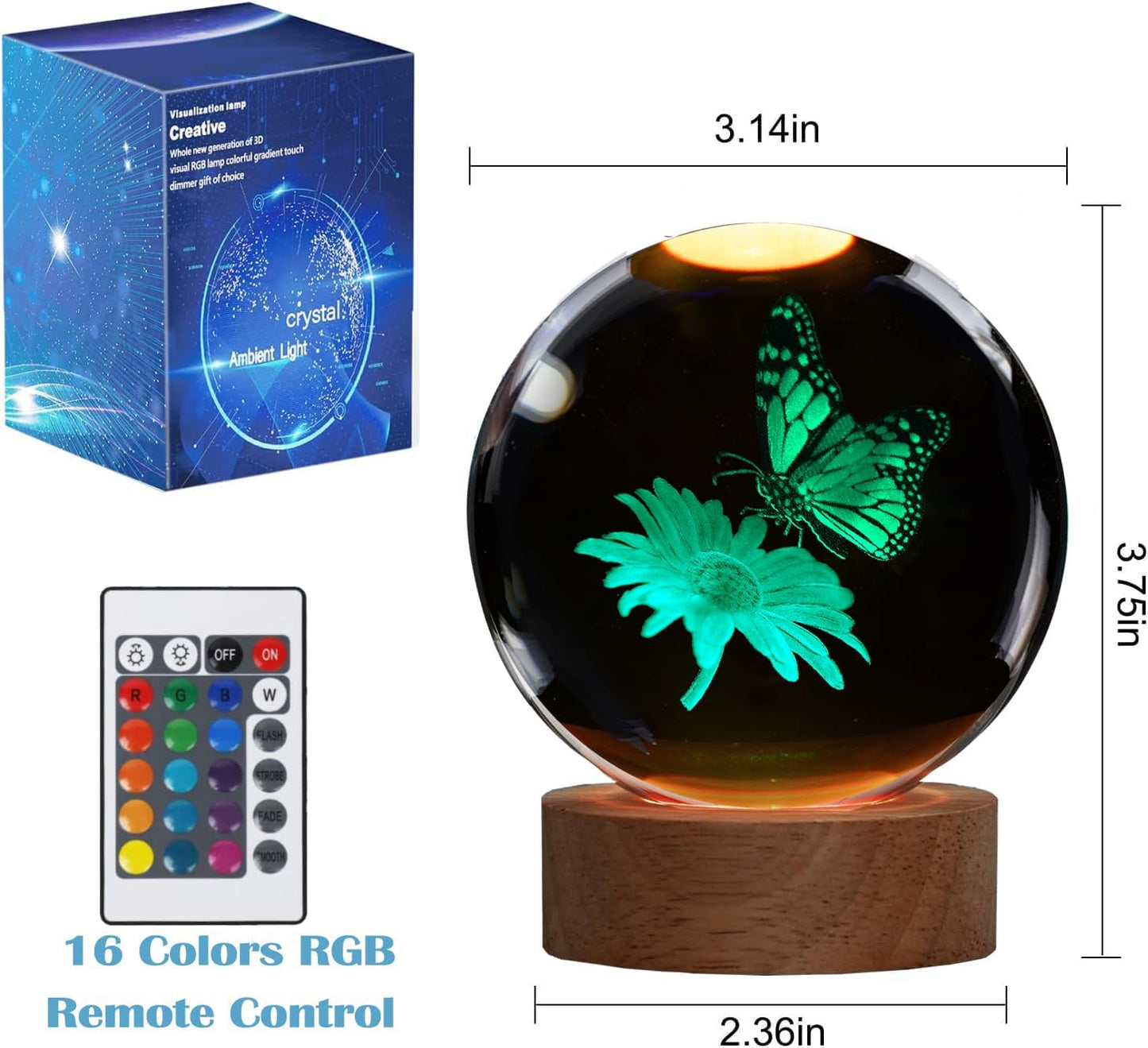Butterfly Crystal Night Light, Butterfly Gifts, K9 3.15 Inch(80mm) Crytstal Lamp with 16 Colors Remote Upgraded Lamp Gifts for Women Wife Girlfriend