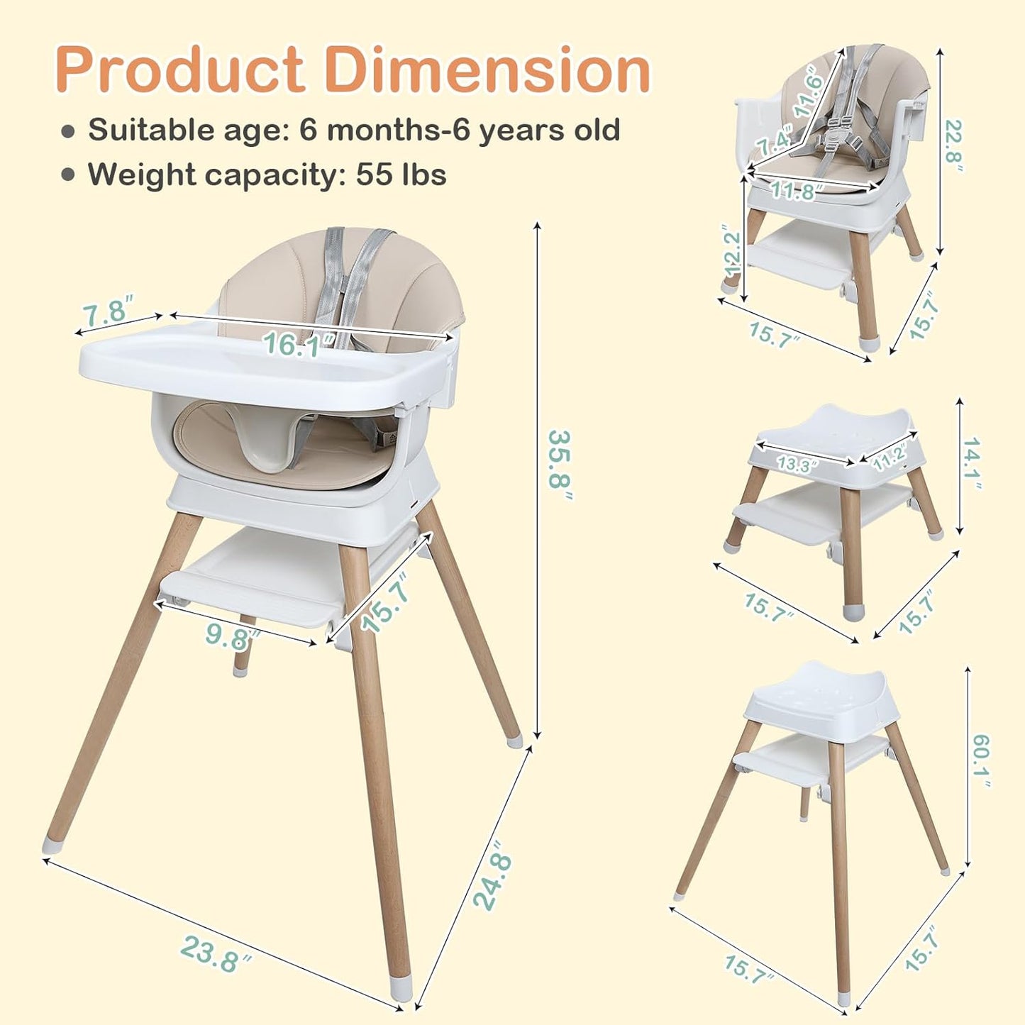 9 in 1 Convertible Baby High Chair with Booster, Wooden Highchair for Babies and Toddlers with Adjustable Tray & 5-Point Harness, Multi-Functional Growing Seat for Feeding, Learning & Play, Beige