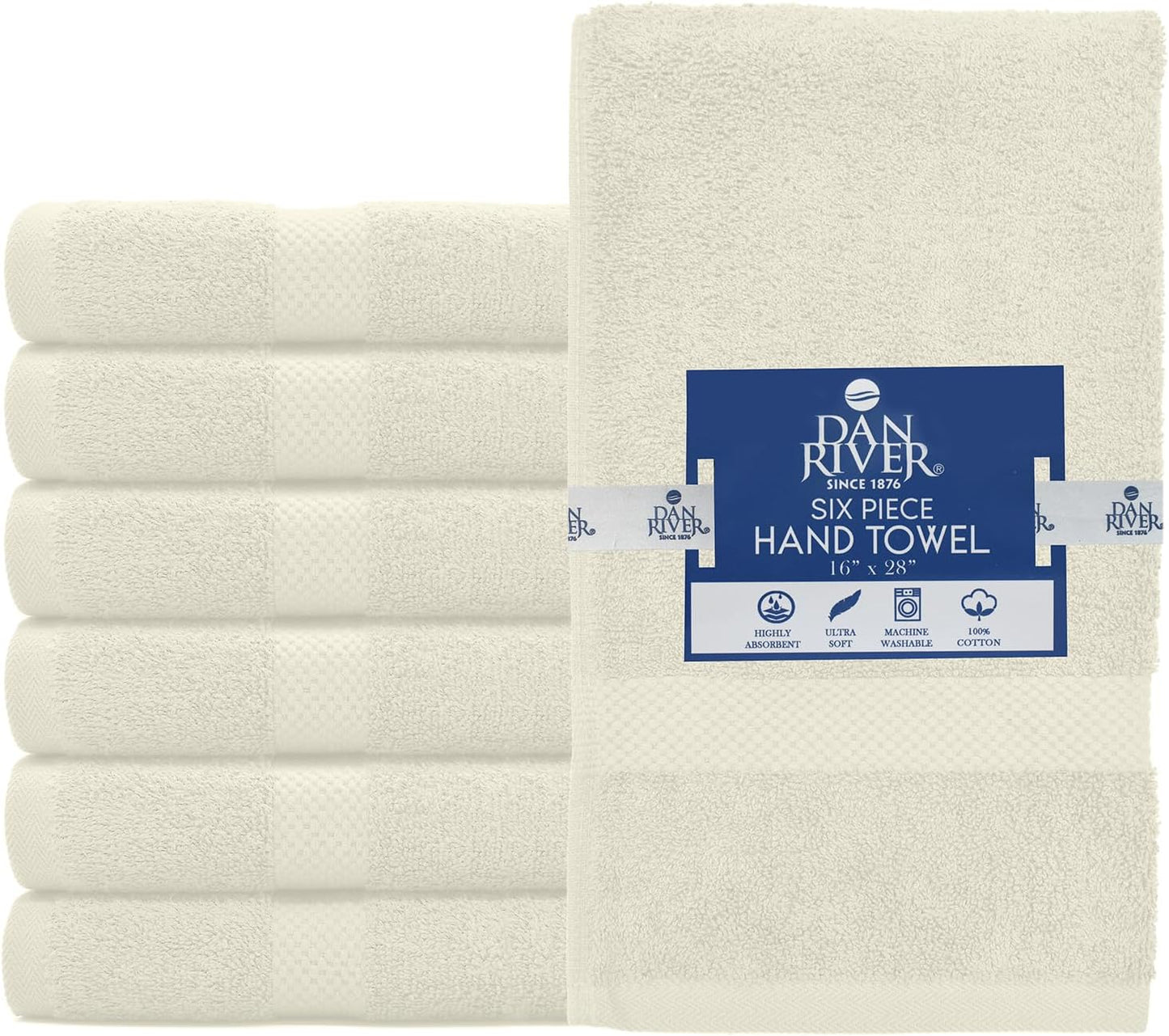 DAN RIVER 6-Pack Premium Hand Towels (16x28 Inches) - 100% Cotton, Ultra Soft, Lightweight, Highly Absorbent Towels for Bathroom, Spa, Gym, Salon, Hotel, and Travel - 550 GSM โ Ivory