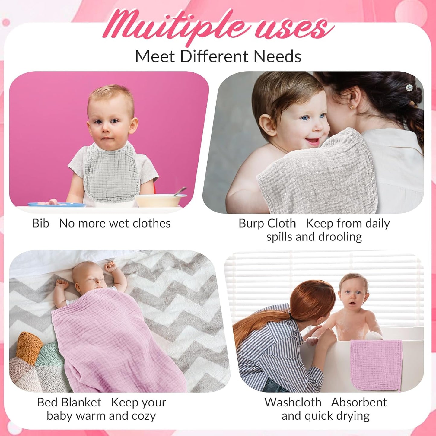 6 Pcs Muslin Hooded Bath Towels Washcloths and Bibs Set, Muslin Cotton Baby Towels Absorbent Hooded Blanket Towel Infant Bibs for Boys Girls Newborn Infant Essentials(White,Pink)