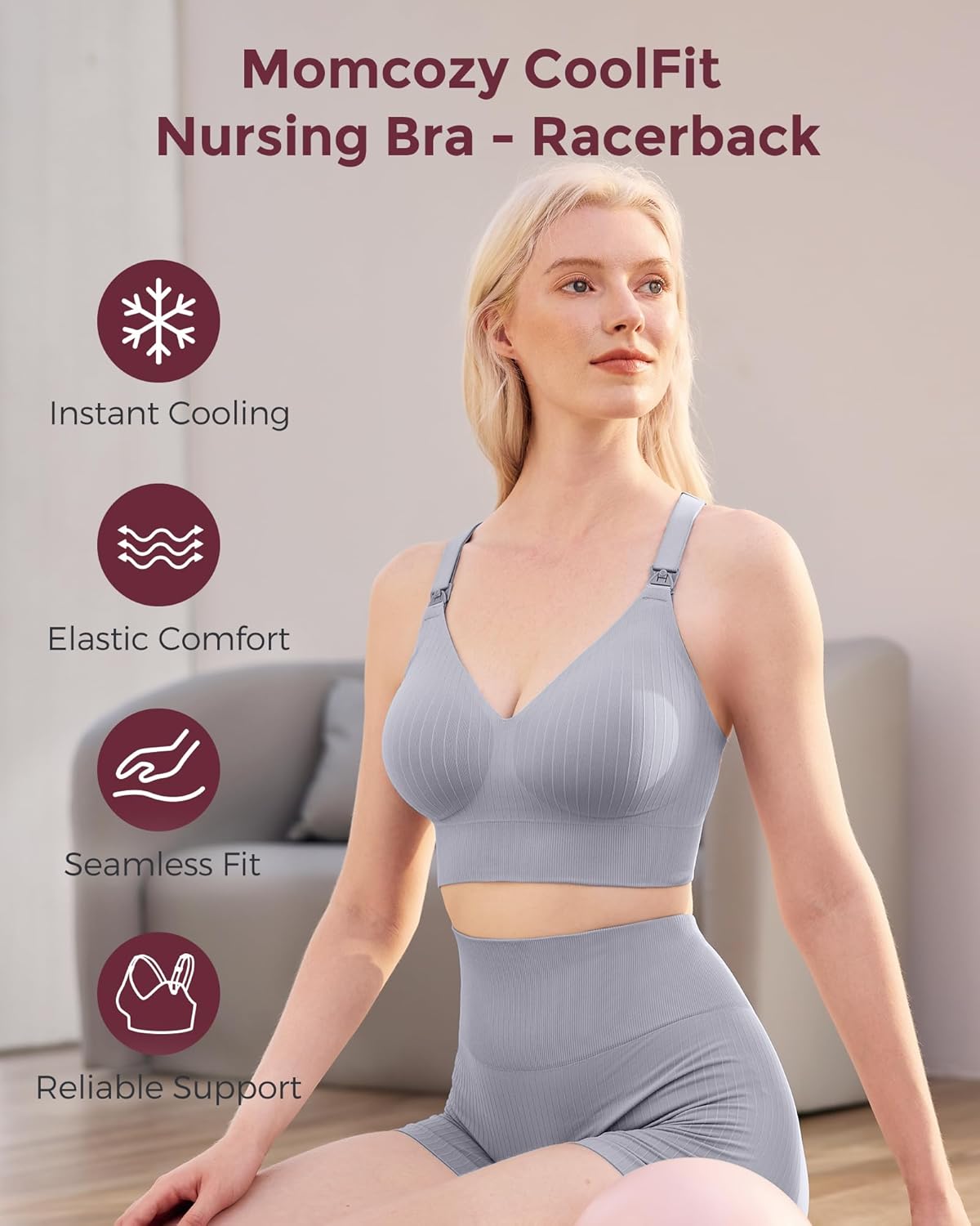 Momcozy Nursing Bras for Breastfeeding, Ribbed Maternity Bra with Racerback, Soft Stretchy Nursing Sports Bra for Yoga