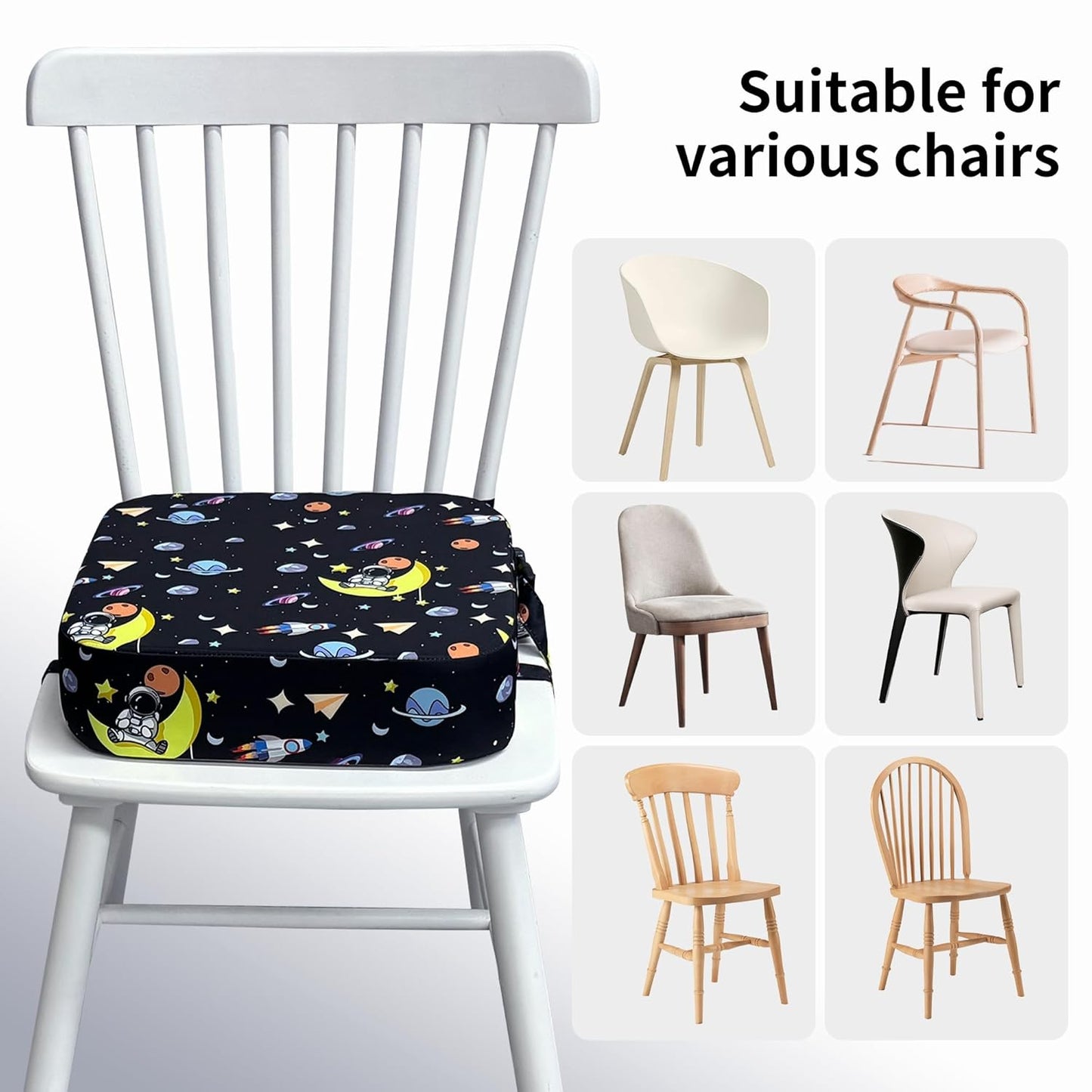 Toddler Booster Seat for Kitchen Chair, 3.5" Oxford Foam Cushion, Non-Slip Base, Adjustable Straps, Portable Dining Booster for Self-Feeding Toddlers at Home or on The Go (Black Starry Sky)