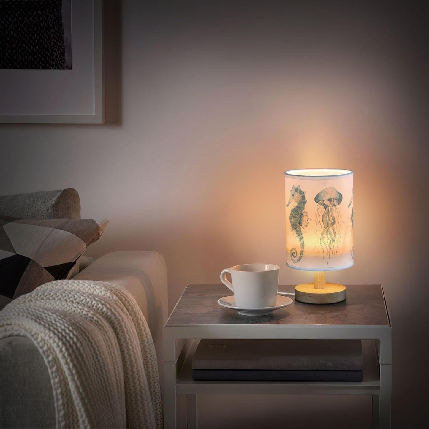 Table Lamp Watercolor Ocean Fish Jellyfish Whale Seahorse Blue Sea Life Animal Nightstand Lamp with Wood Base Fabric Lamp Shade Bedside Desk Lamp for Living Room Bedroom Kids Room Office