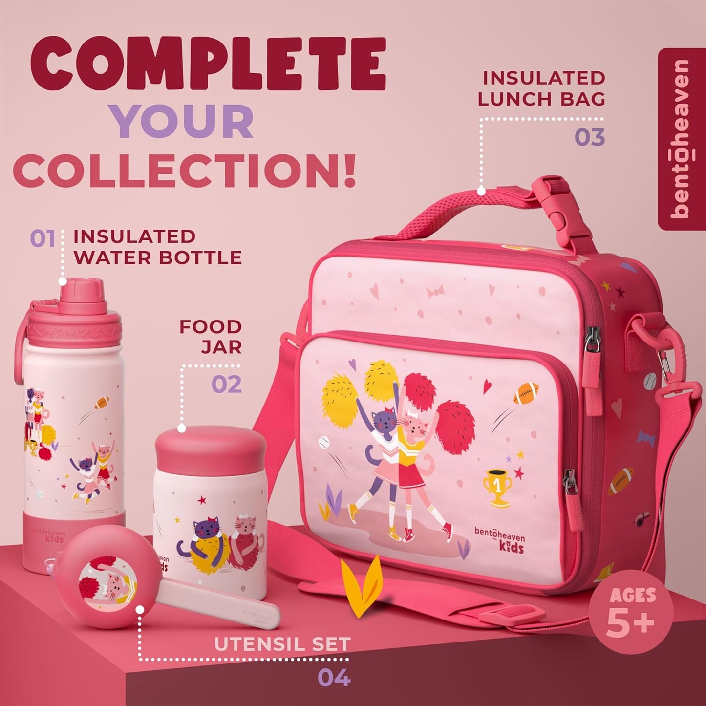Bentoheaven Kids Water Bottle Stainless Steel for Boys & Girls, 2 Lids (Chug & Straw), Handle & Silicone Boot, Reusable Metal Leak-proof Insulated Tumbler, School & Sports 17oz (Pink)