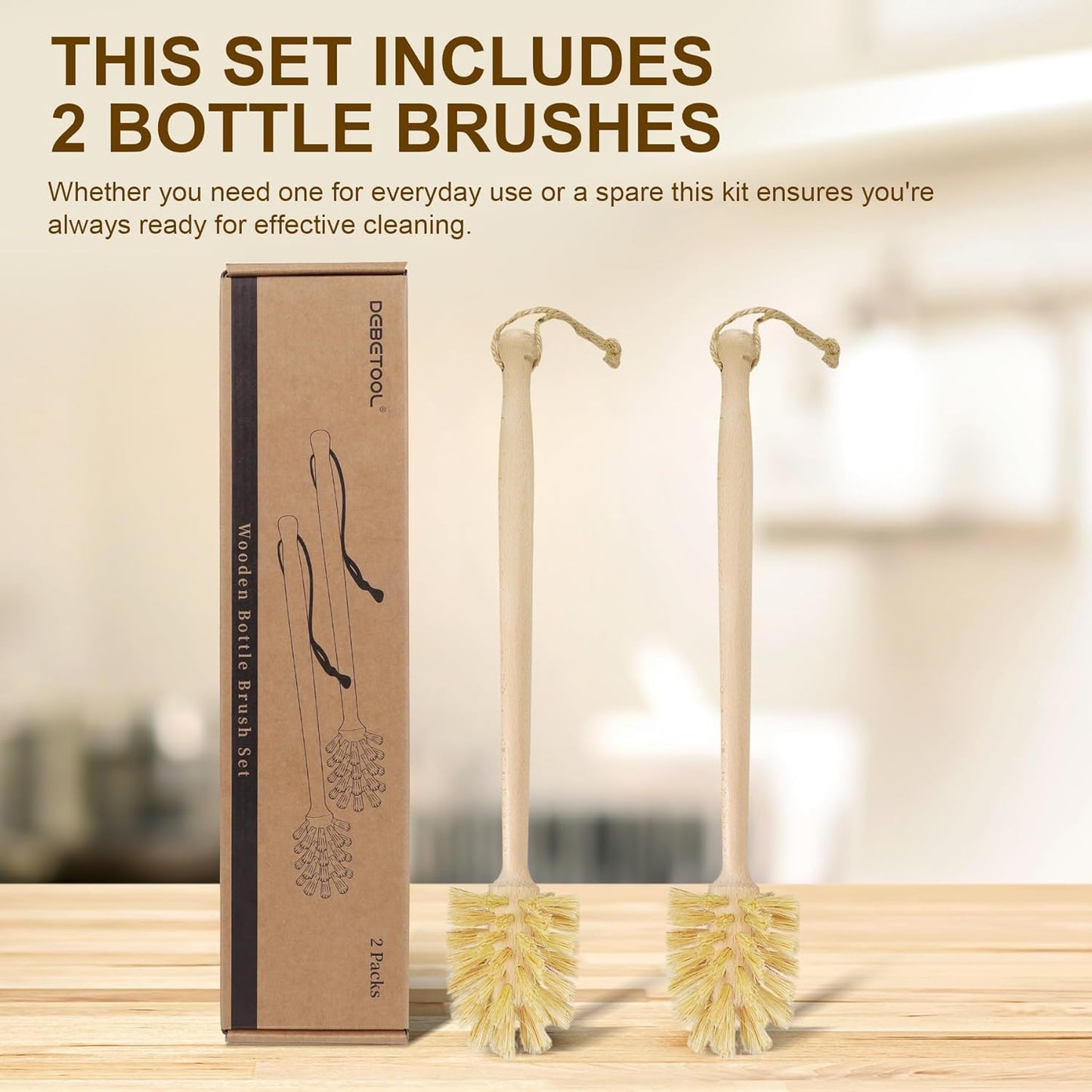 2-Pack Natural Wooden Bottle Brush with Sisal Bristles, Long Handle Bottle Brush Cleaner for Wide Mouth Jars, Water Bottles, Cups, Glasses, Baby Bottles (Non-Scratch)