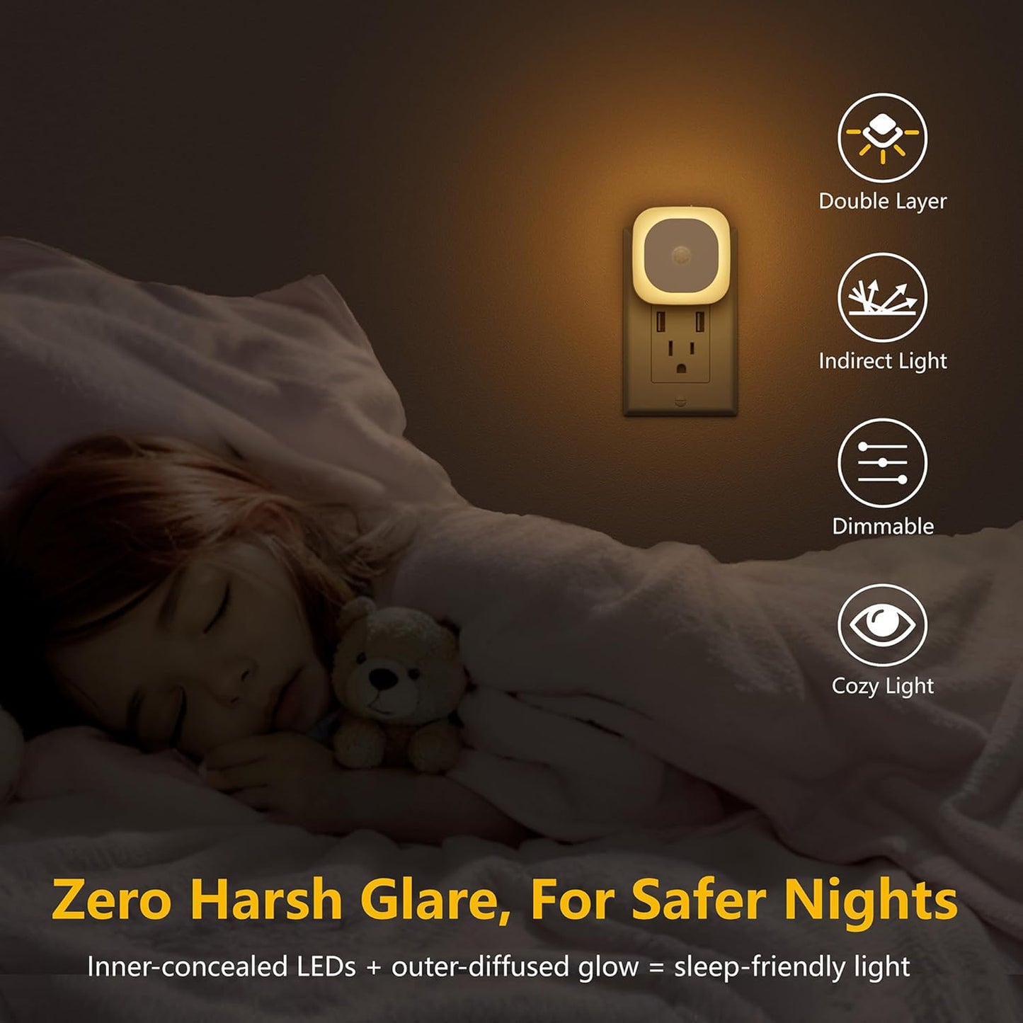 2 Pack Plug in Night Light with Motion Sensor & Dusk to Dawn Sensor, 3 Sensor Modes, Dimmable Night Lights Plug into Wall, Warm White Nightlight for Kids, Bathroom, Bedroom, Kitchen, Indoor