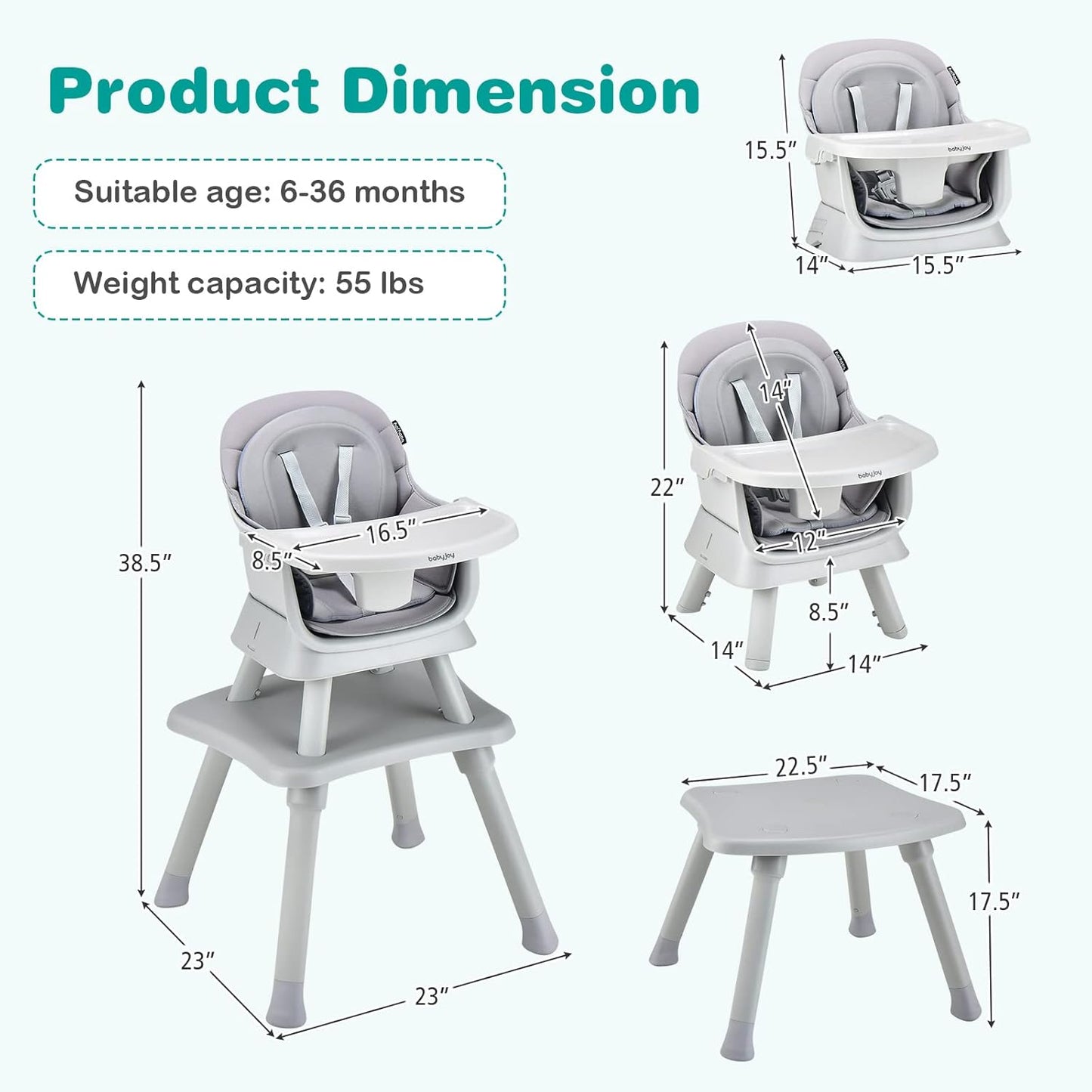 BABY JOY Baby High Chair, 8 in 1 Convertible Highchair for Babies & Toddlers | Booster Seat | Table and Chair Set | Building Block Table | Toddler Chair with Safety Harness, Removable Tray (Gray)
