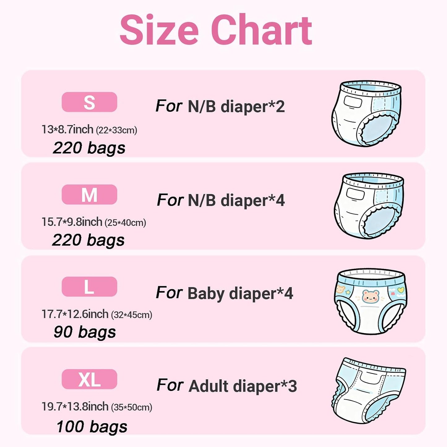 Odor Sealing Baby Diaper Disposable Bags - M/220 Counts Unscented, Durable Diaper Sacks for Home, Travel & On-the-Go Use (Color:White)