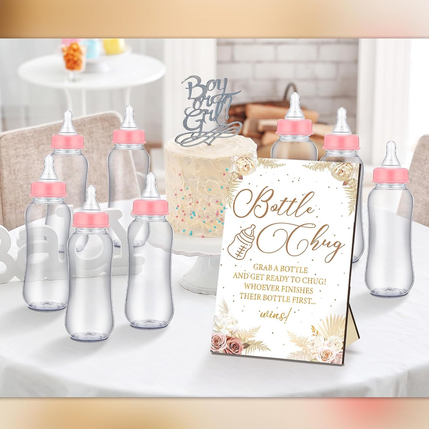 TrelaCo Cool Baby Shower Games Wooden Bottle Chug Sign Boho Theme Gift Sets and 12 Pcs Baby Bottle Shower Favor for Pampas Games Gender Reveal (Boho Pampas)