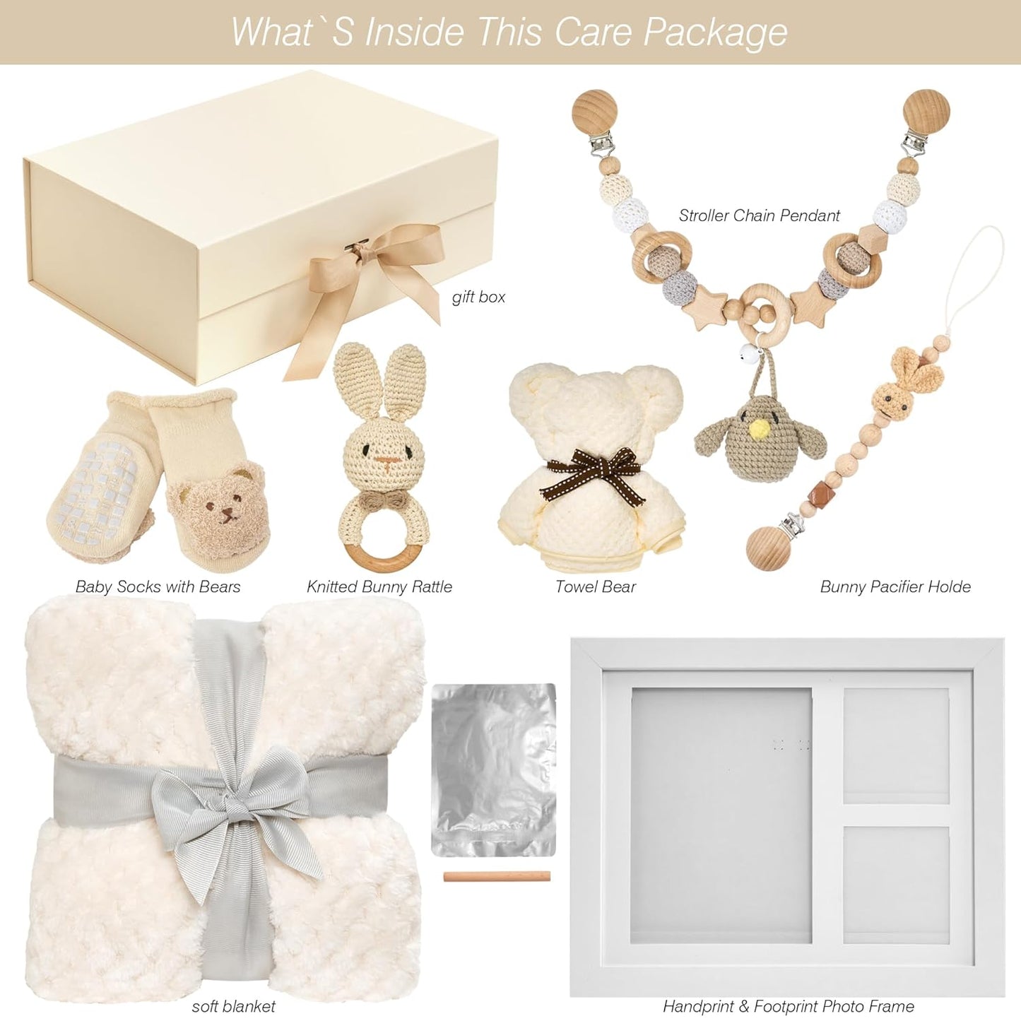 Deluxe Baby Gift Set for Newborn Boys & Girls β Handprint & Footprint Keepsake Frame, Knitted Blanket, Rattle, Socks, Pacifier Clip β in Gift Box