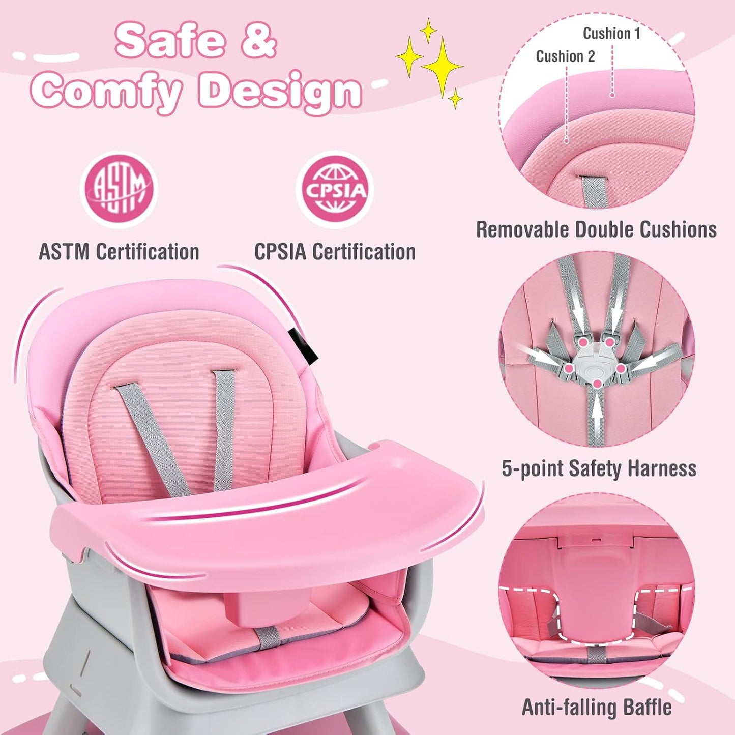 HONEY JOY 8 in 1 Baby High Chair, Convertible Highchair for Babies and Toddlers/Table and Chair Set/Building Block Table/Booster Seat/Stool/Toddler Chair with Safety Harness (Pink)